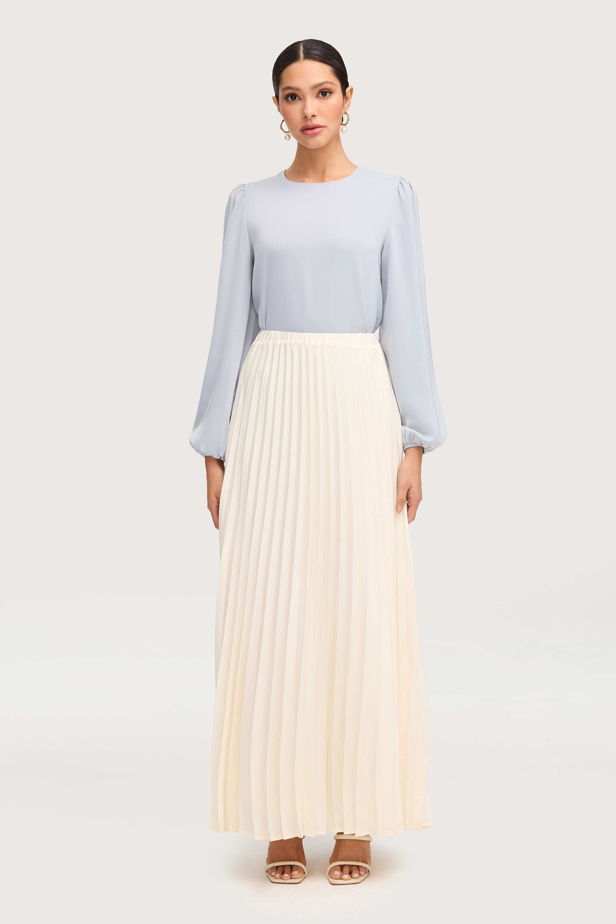 Satin Pleated Maxi Skirt - Moonbeam Bottoms Veiled Collection 