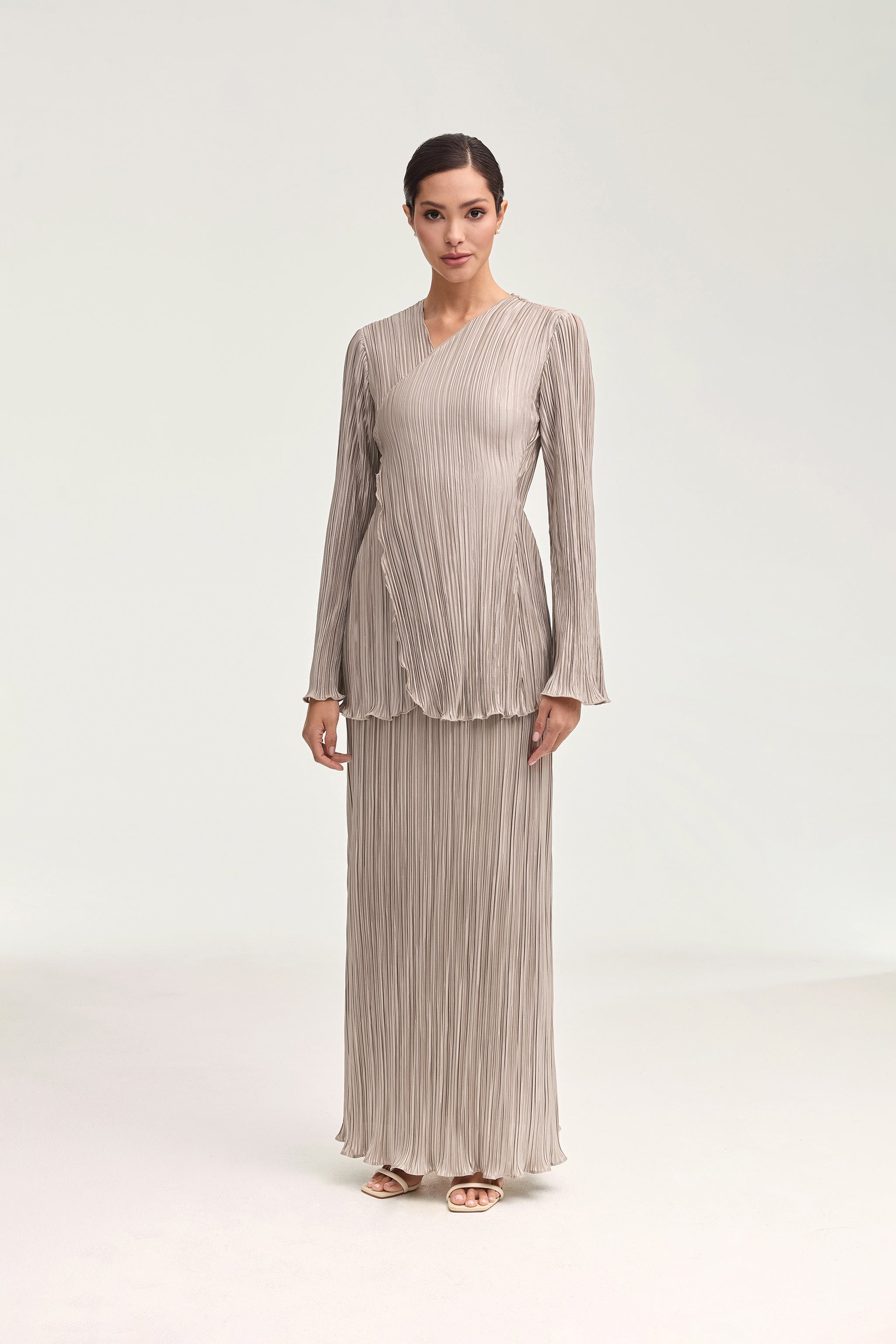 Satin Plisse Maxi Skirt - Taupe Clothing Veiled 
