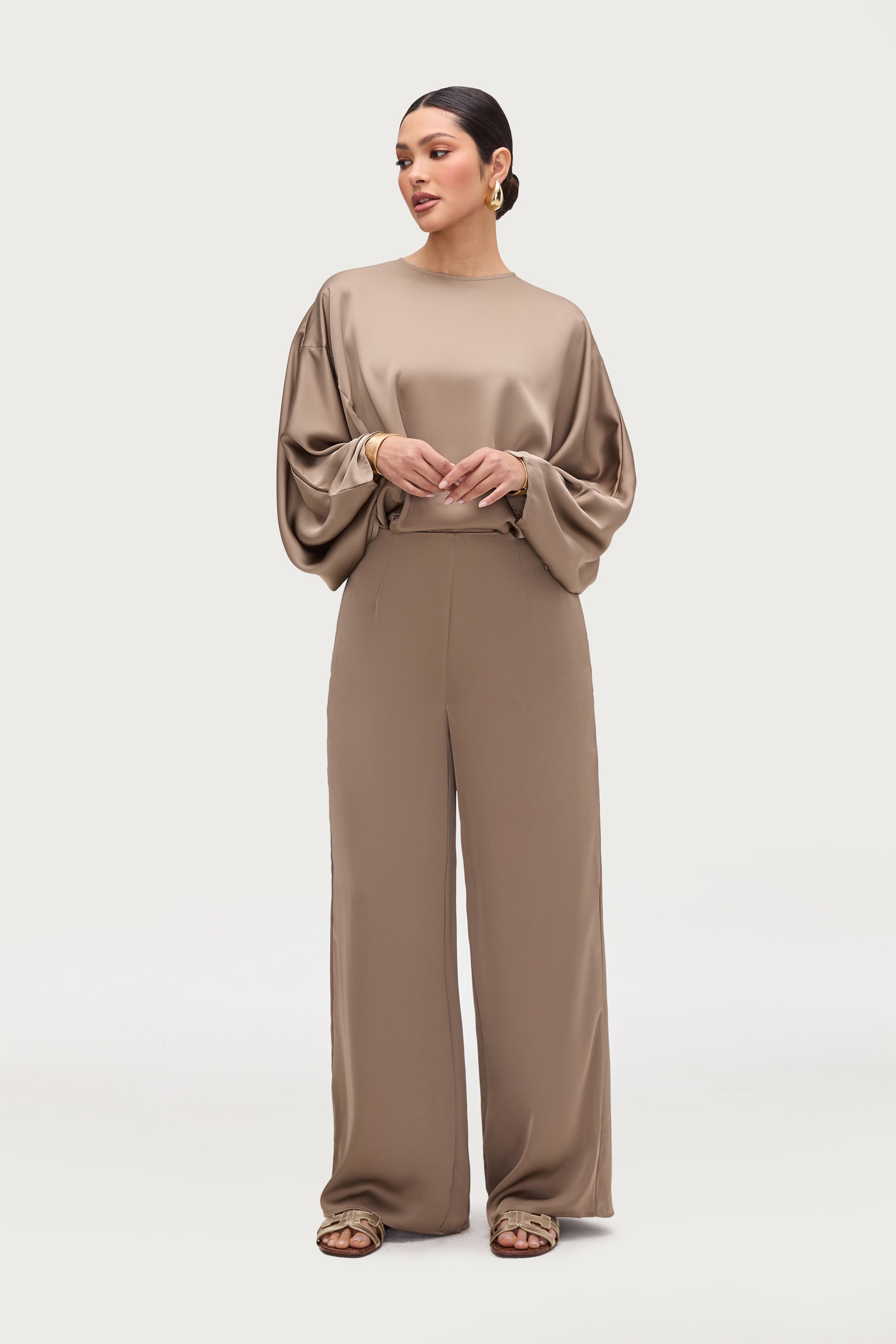 Satin Wide Leg Pants - Truffle Bottoms Veiled Collection 