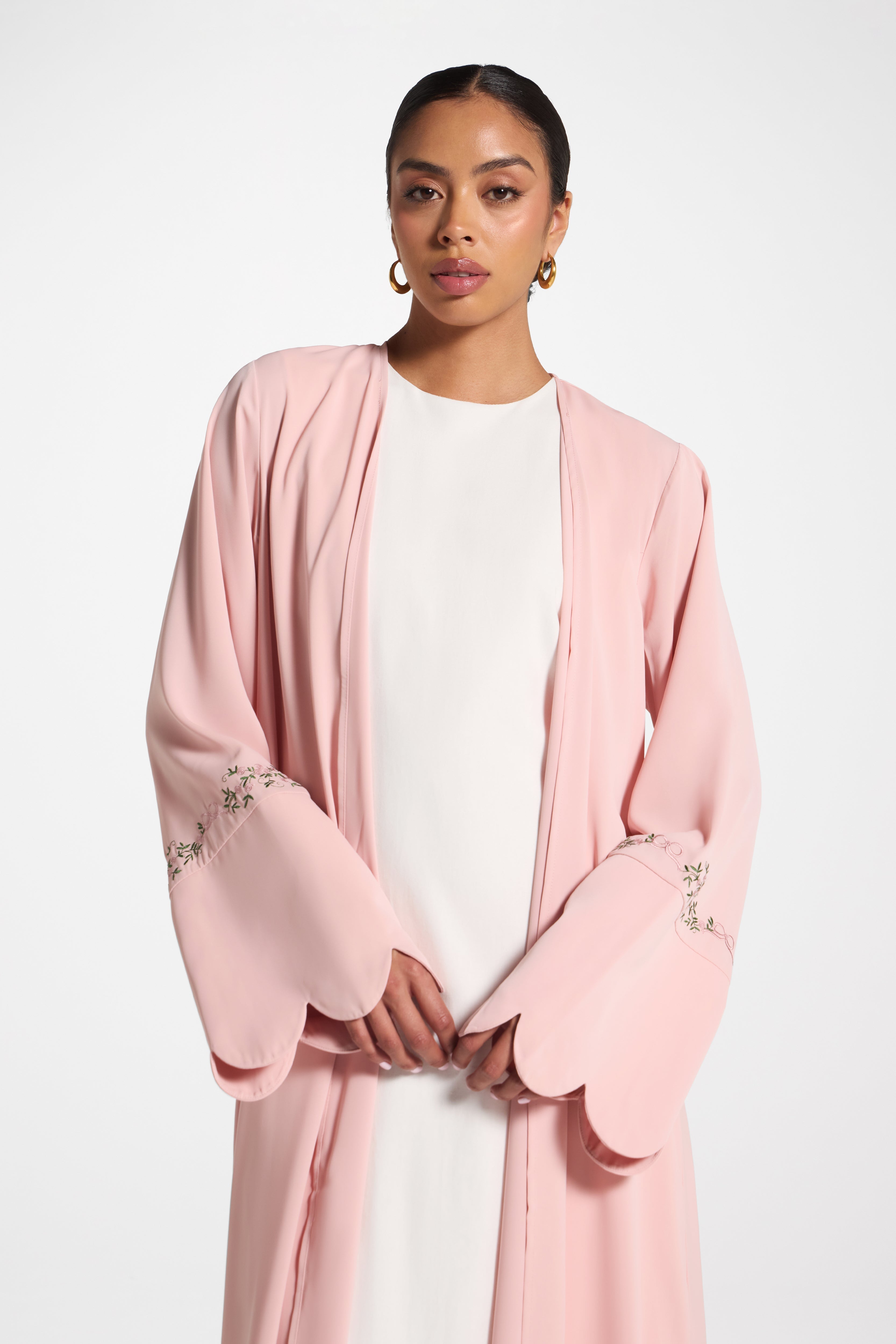 Scalloped Open Abaya - Pink Abayas Veiled 
