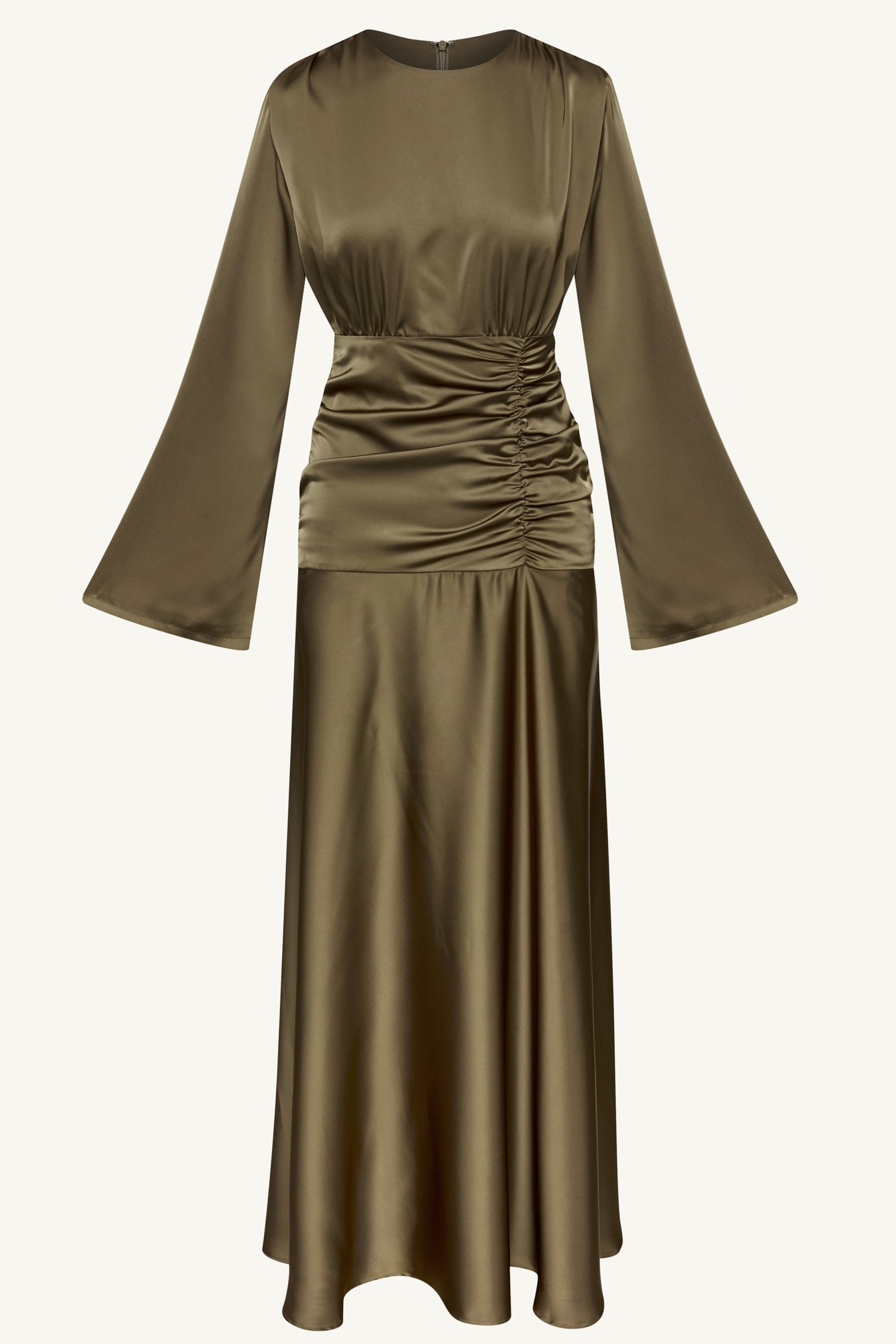 Shams Satin Side Rouched Maxi Dress - Olive Clothing Veiled 