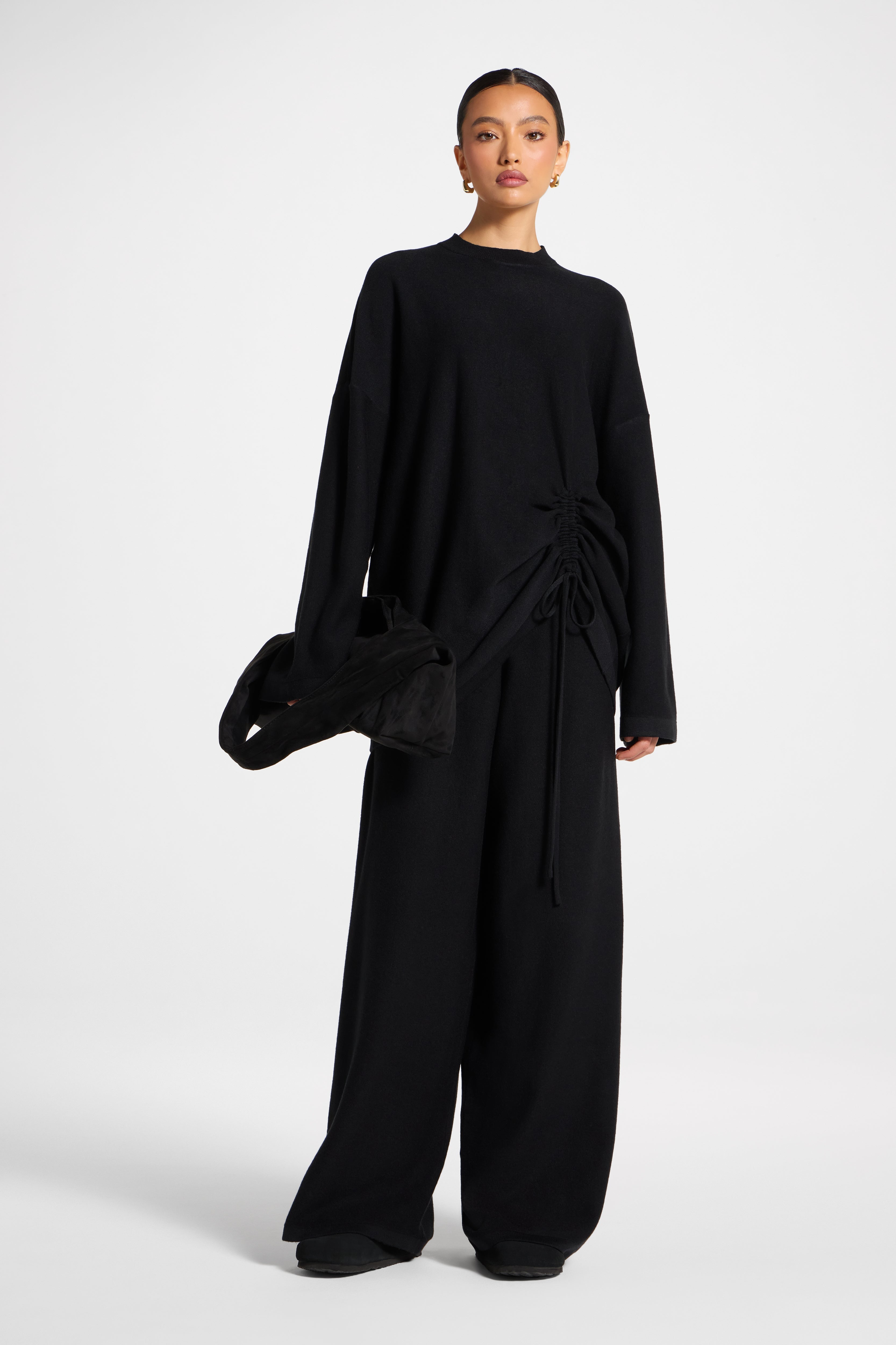 Side Rouched Knit Top & Pants Set - Black Abayas Veiled 