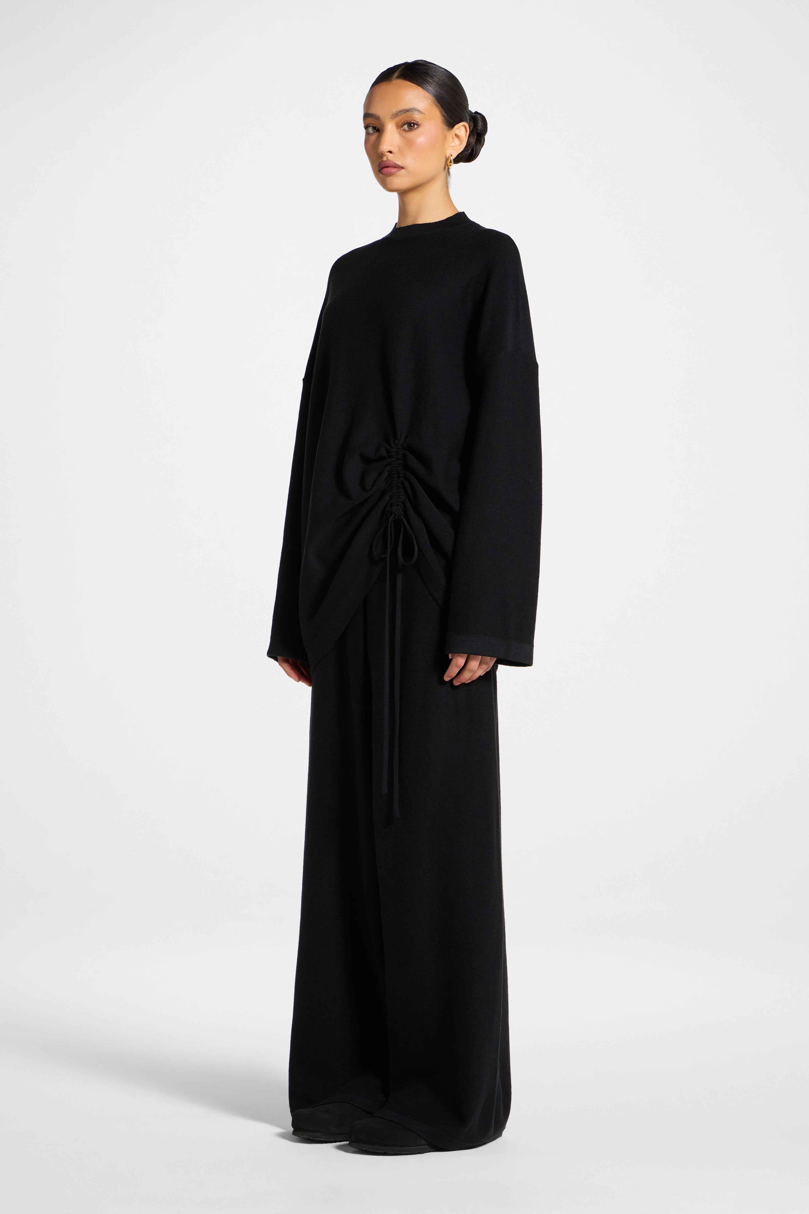 Side Rouched Knit Top & Pants Set - Black Abayas Veiled 