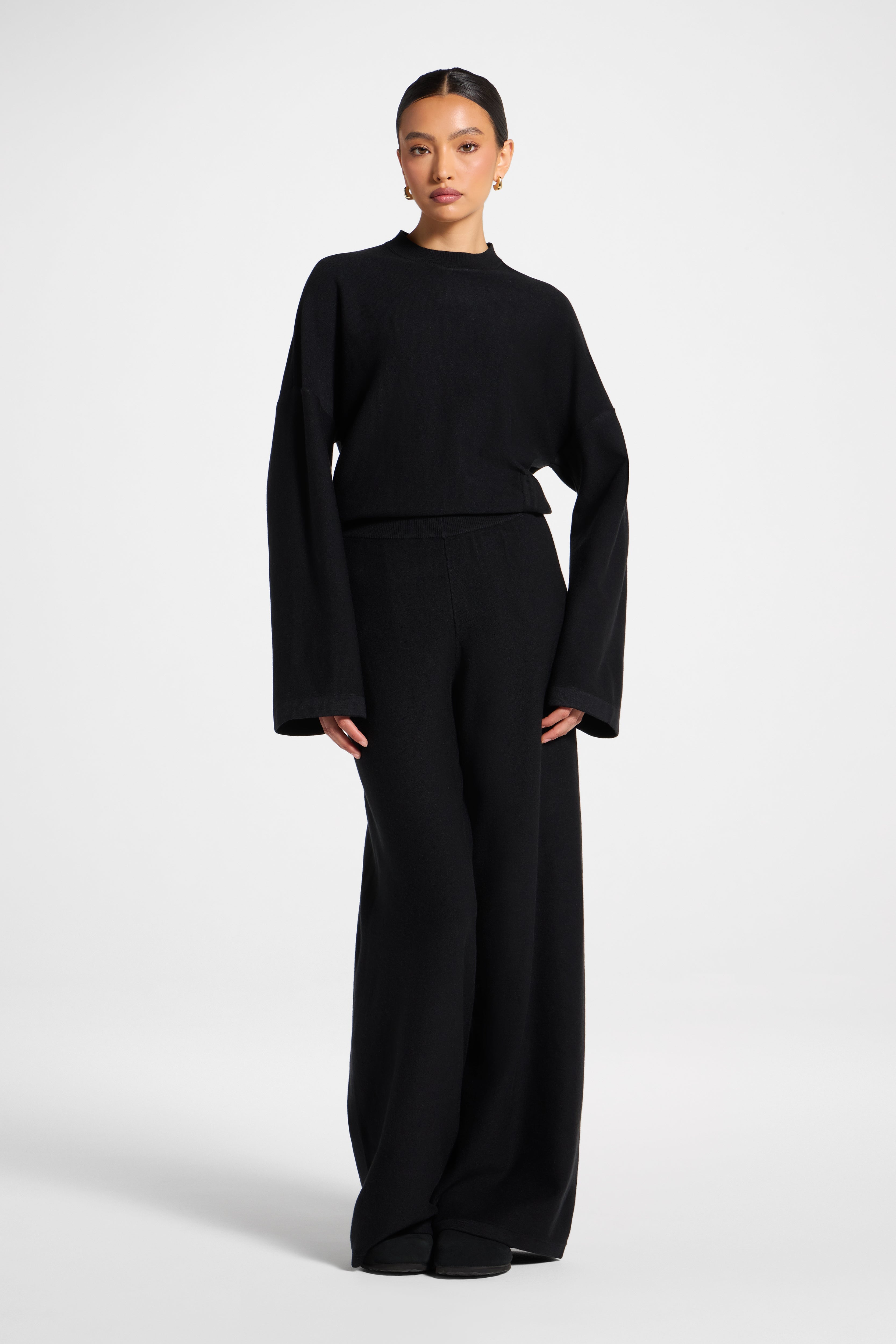 Side Rouched Knit Top & Pants Set - Black Abayas Veiled 