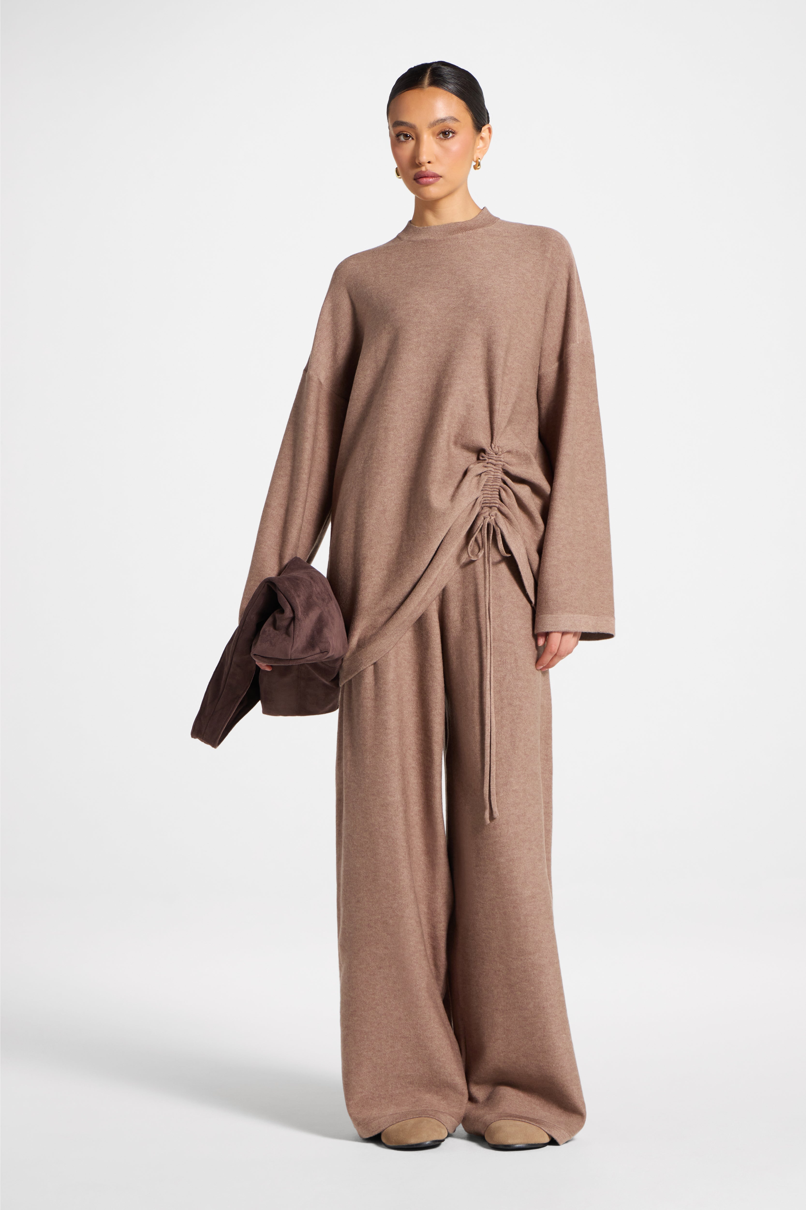 Side Rouched Knit Top & Pants Set - Brown Abayas Veiled 
