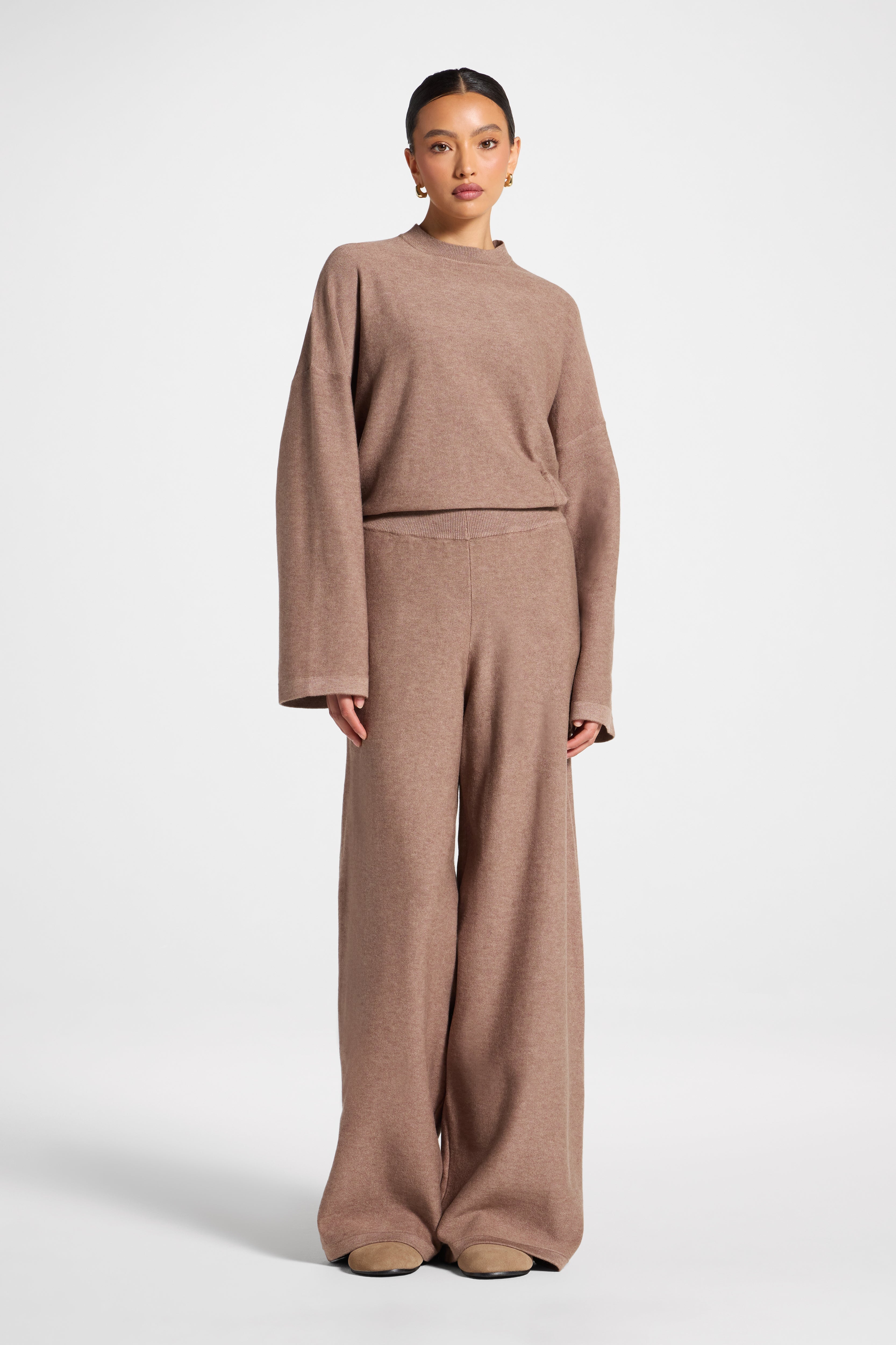 Side Rouched Knit Top & Pants Set - Brown Abayas Veiled 
