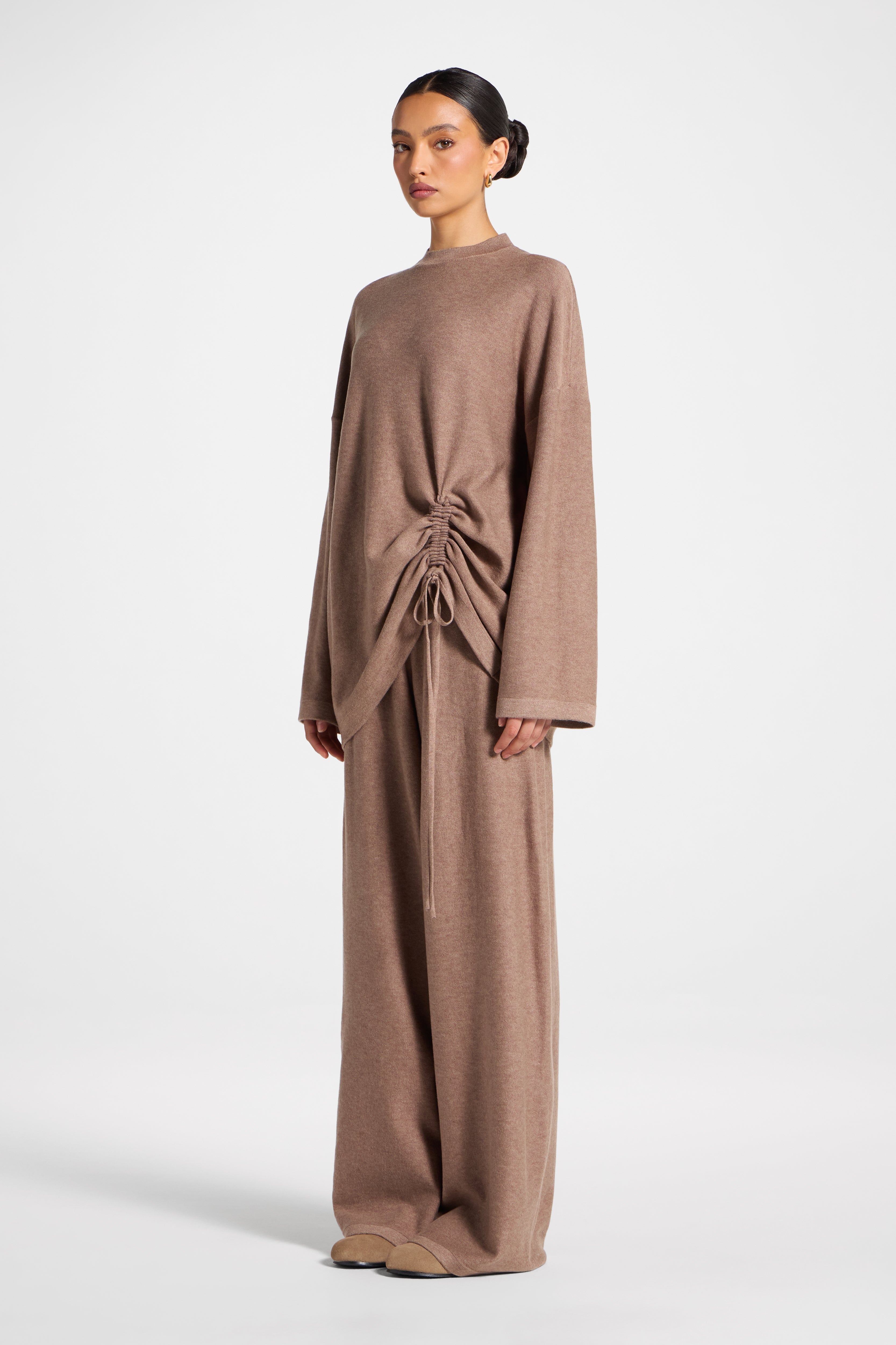 Side Rouched Knit Top & Pants Set - Brown Abayas Veiled 