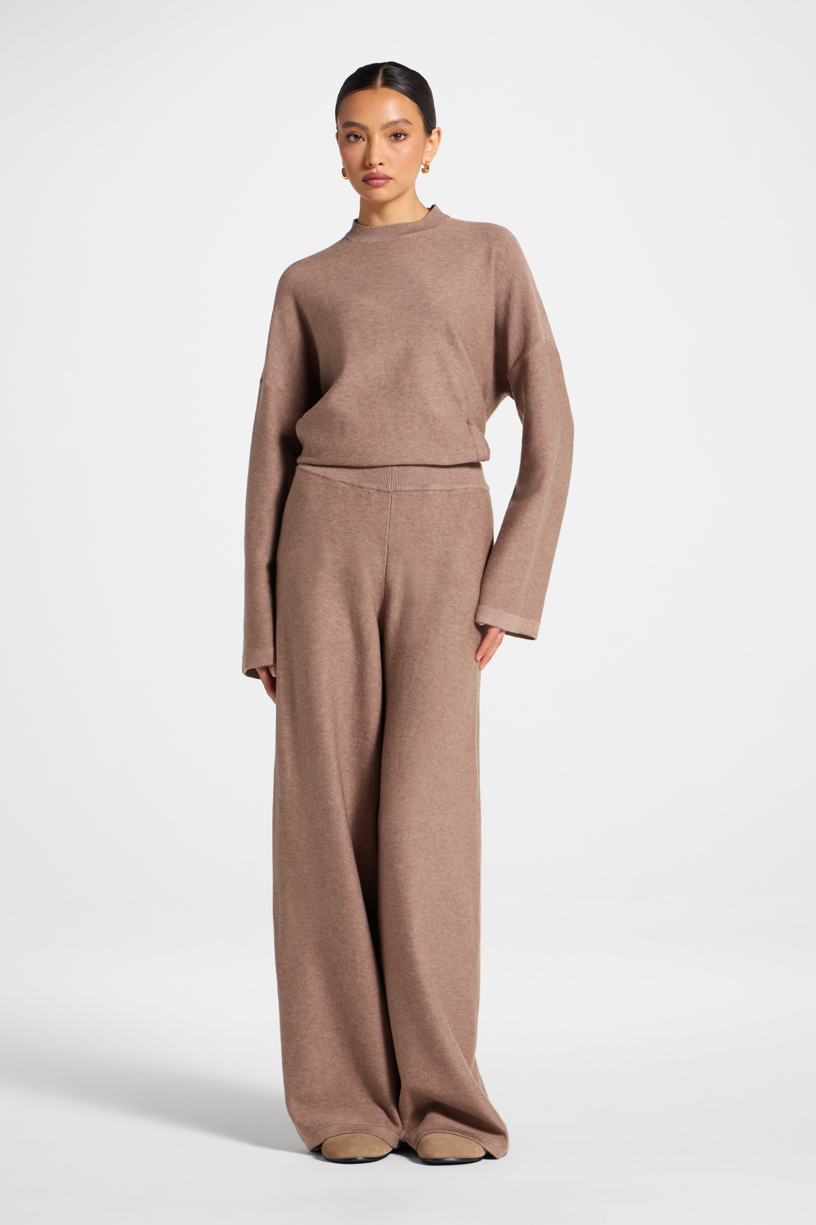 Side Rouched Knit Top & Pants Set - Brown Abayas Veiled 