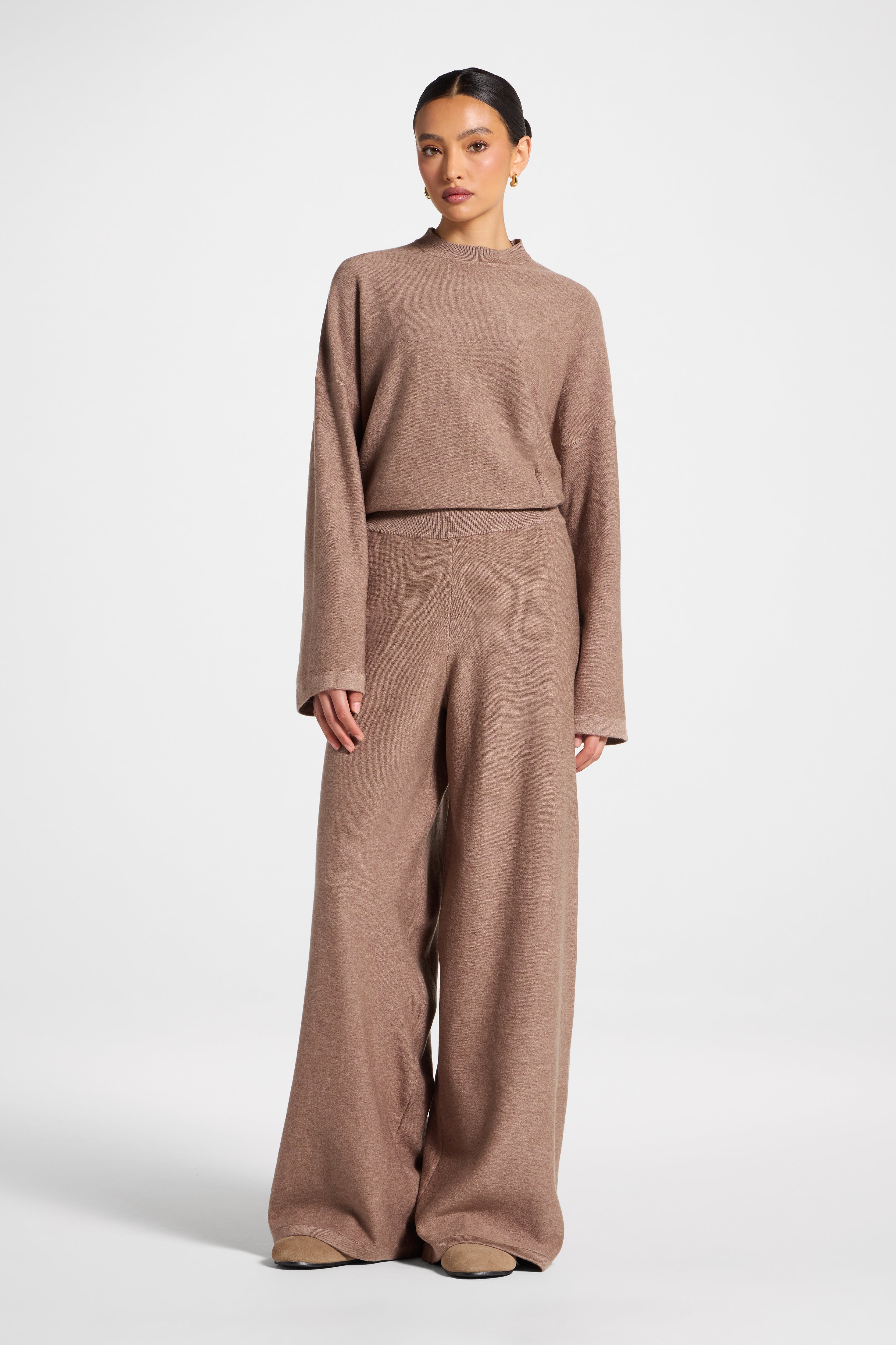 Side Rouched Knit Top & Pants Set - Brown Abayas Veiled 