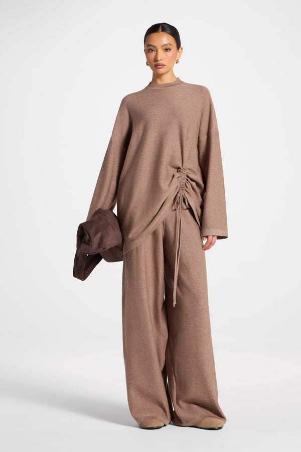 Side Rouched Knit Top & Pants Set - Brown Abayas Veiled 