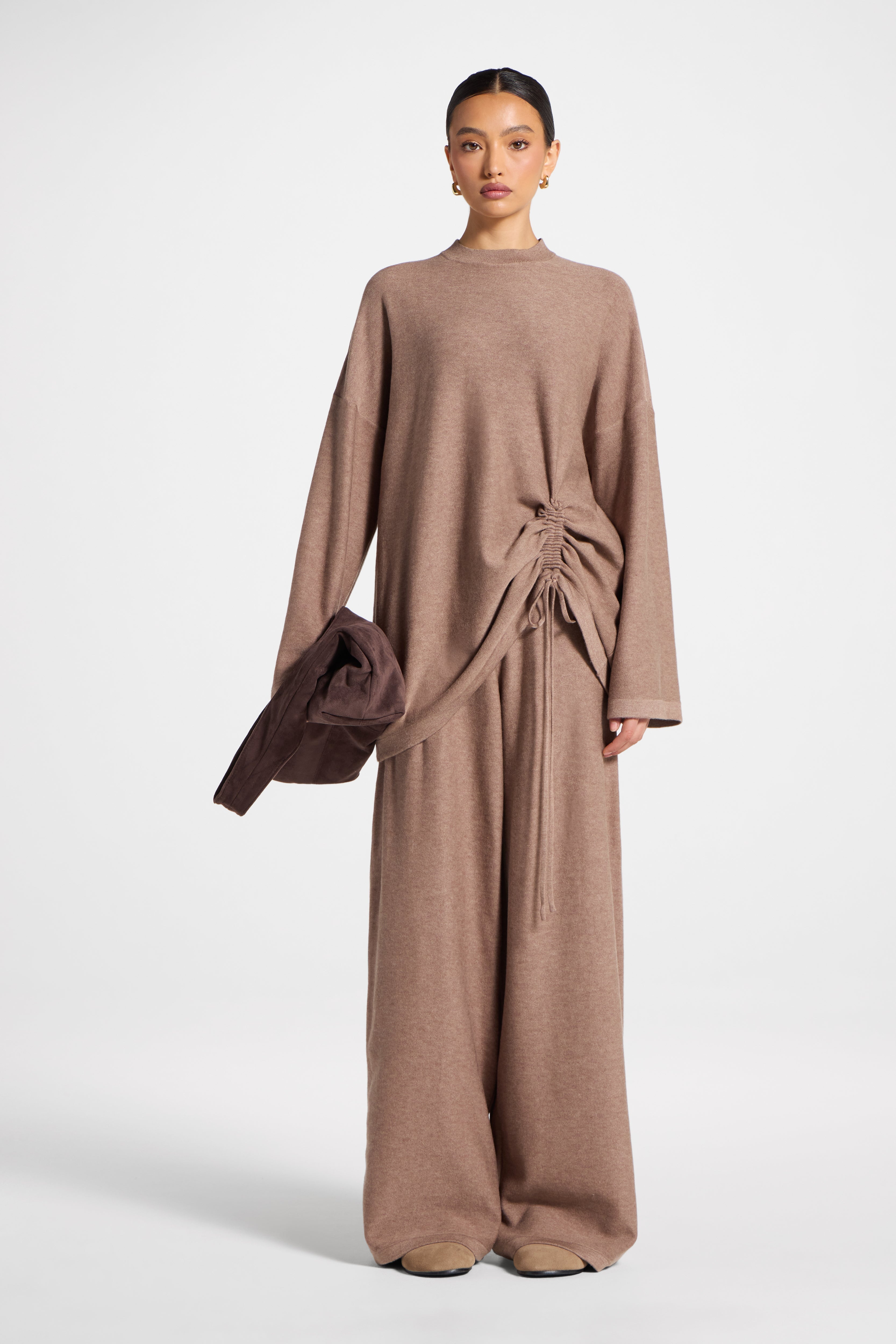 Side Rouched Knit Top & Pants Set - Brown Abayas Veiled 