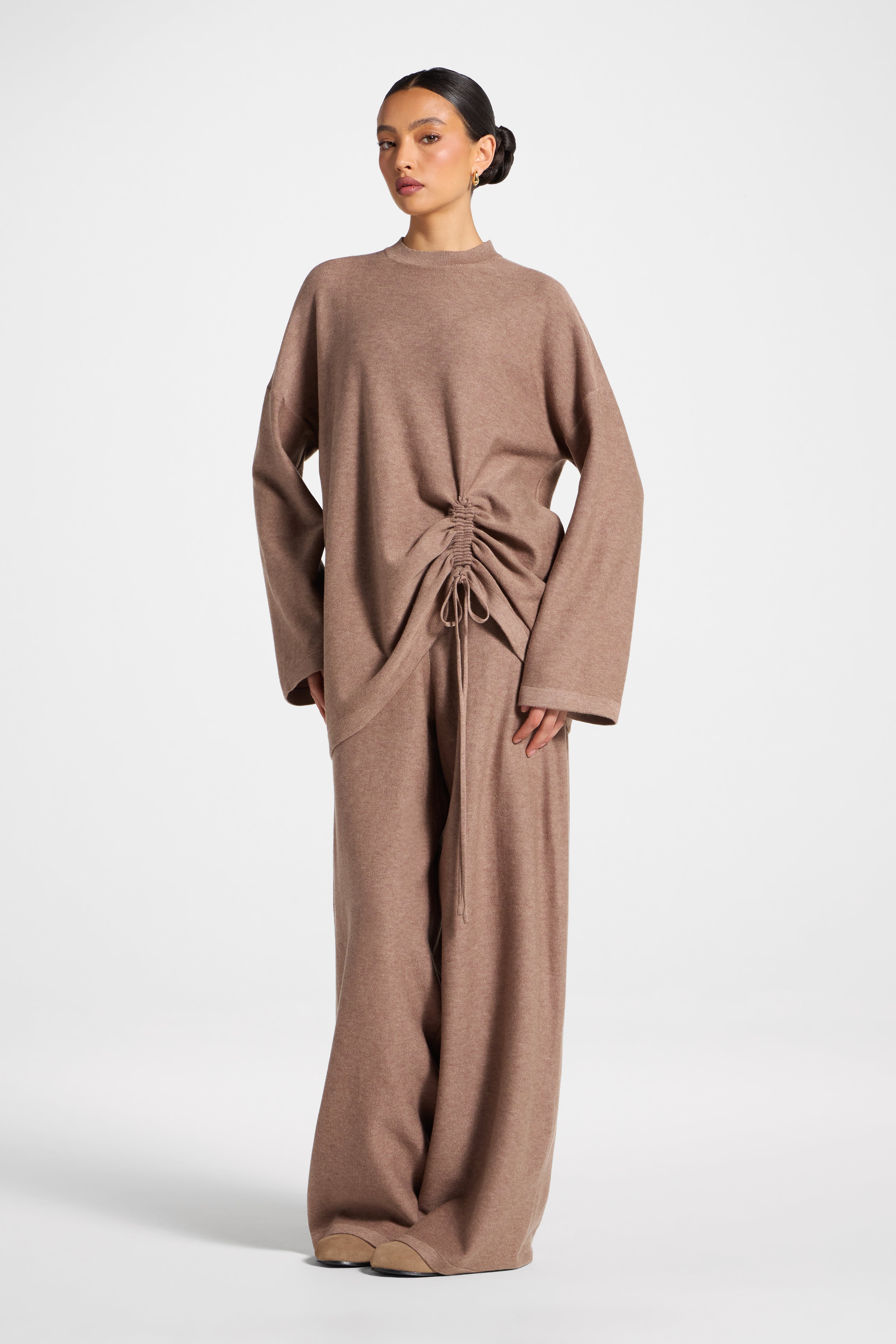 Side Rouched Knit Top & Pants Set - Brown Abayas Veiled 