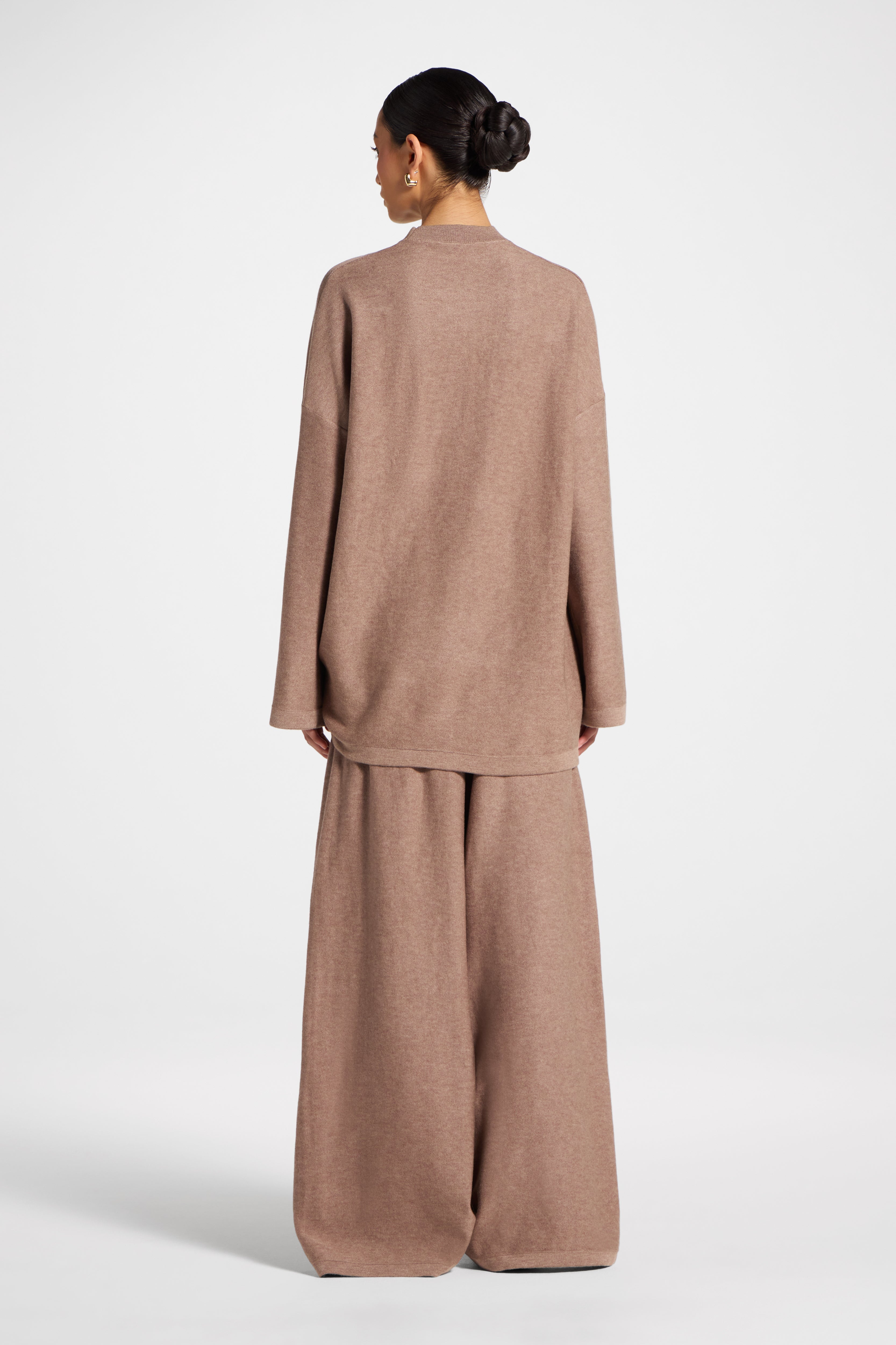 Side Rouched Knit Top & Pants Set - Brown Abayas Veiled 