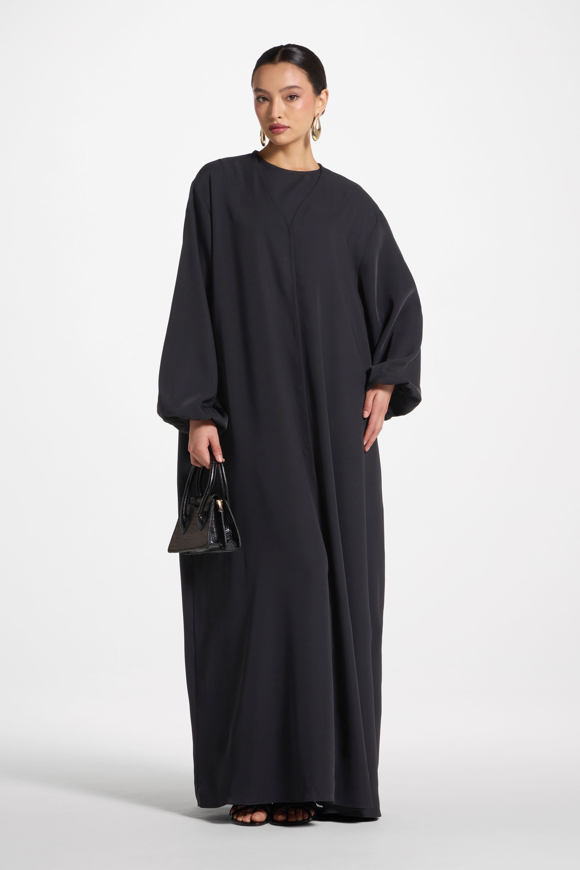 Signature Balloon Sleeve Open Abaya - Black Abayas Veiled 