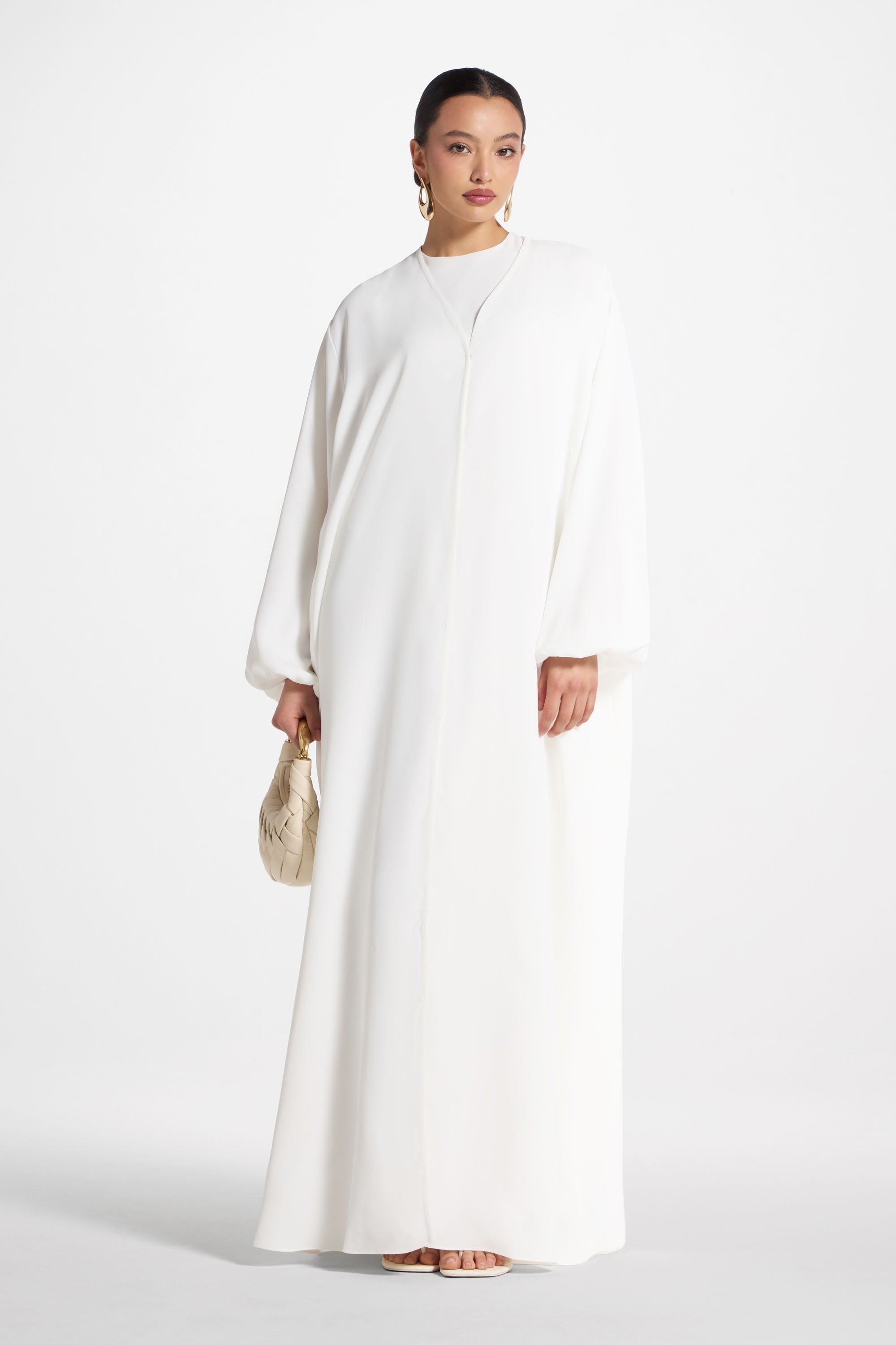Signature Balloon Sleeve Open Abaya - White Abayas Veiled 
