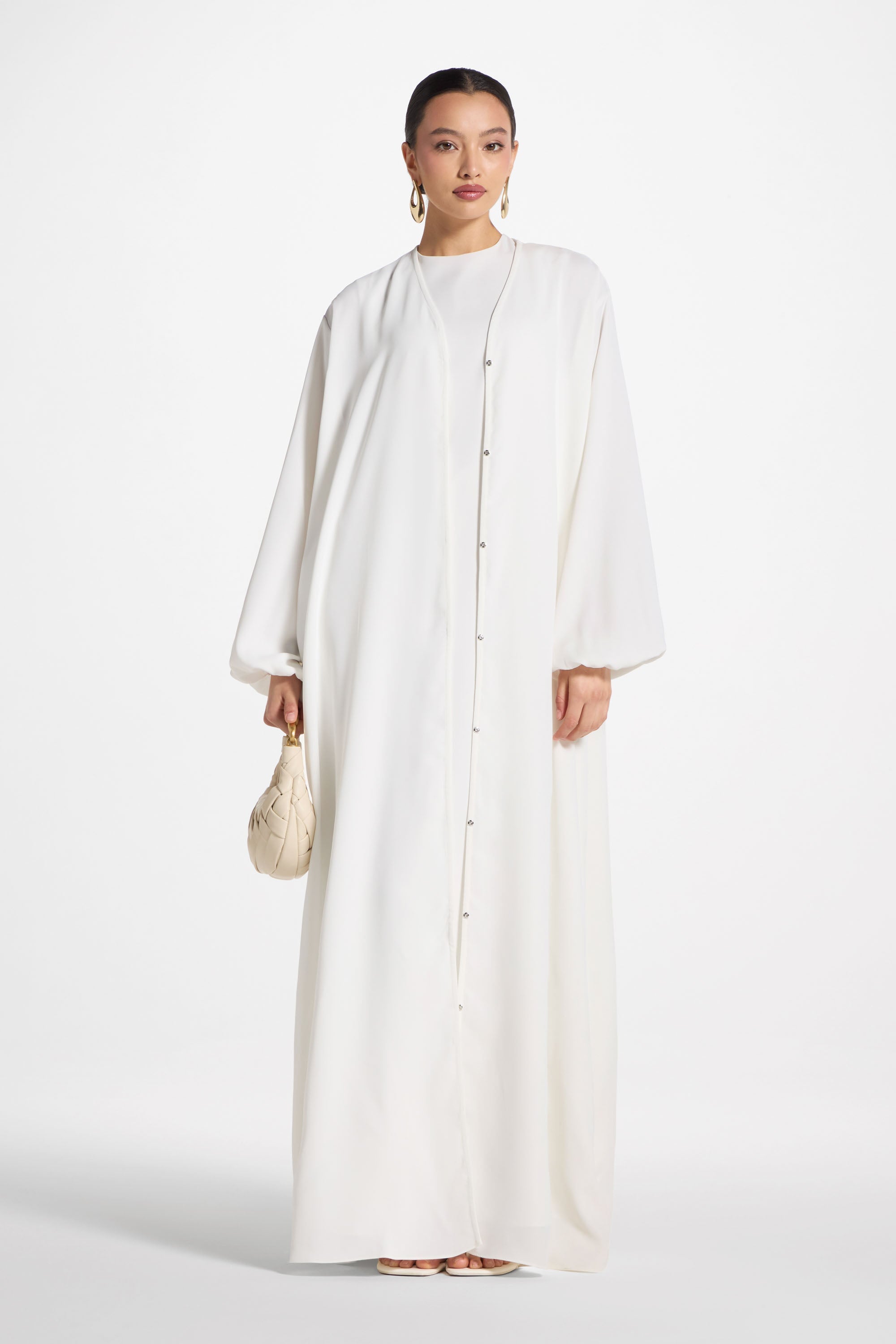 Signature Balloon Sleeve Open Abaya - White Abayas Veiled 