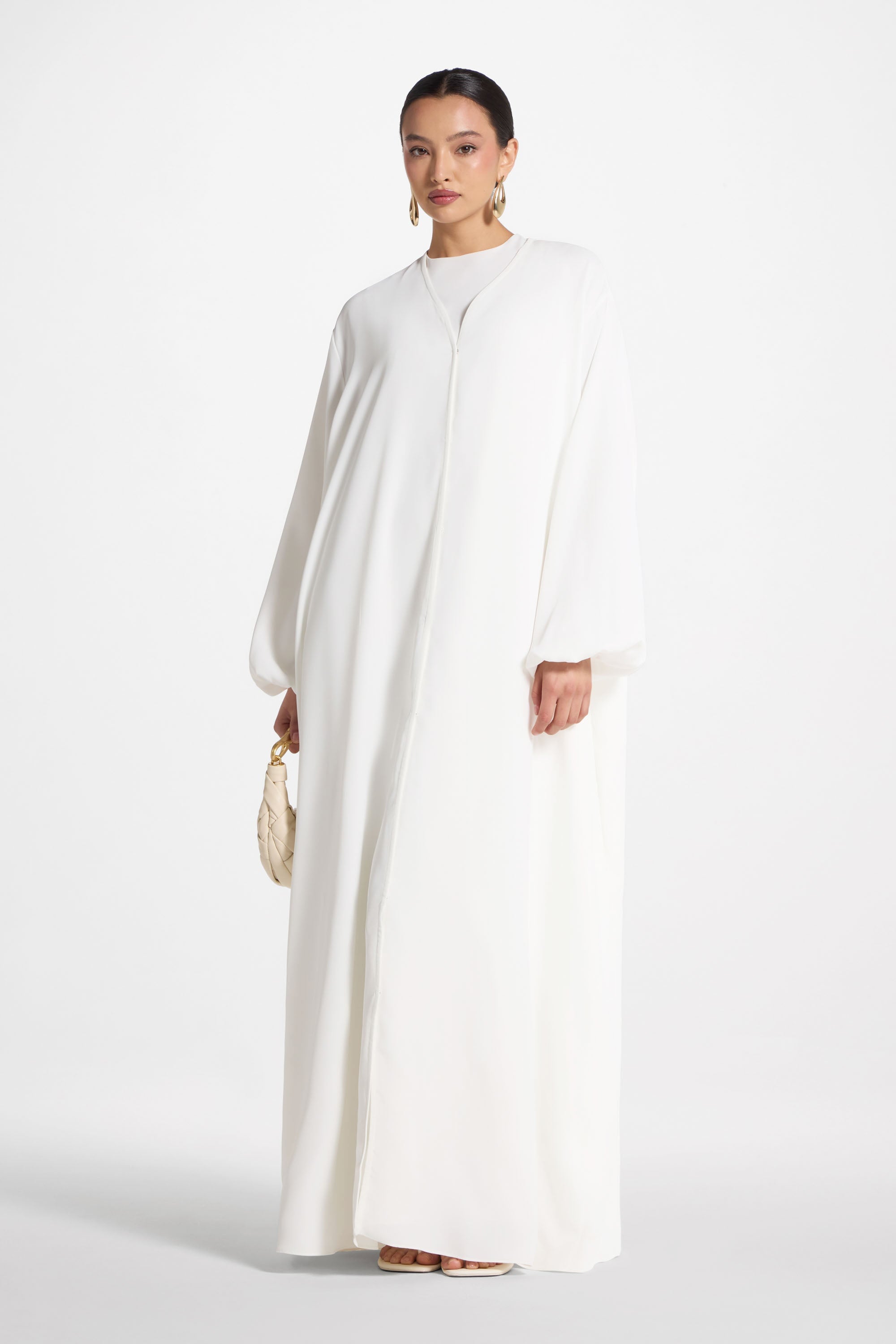 Signature Balloon Sleeve Open Abaya - White Abayas Veiled 