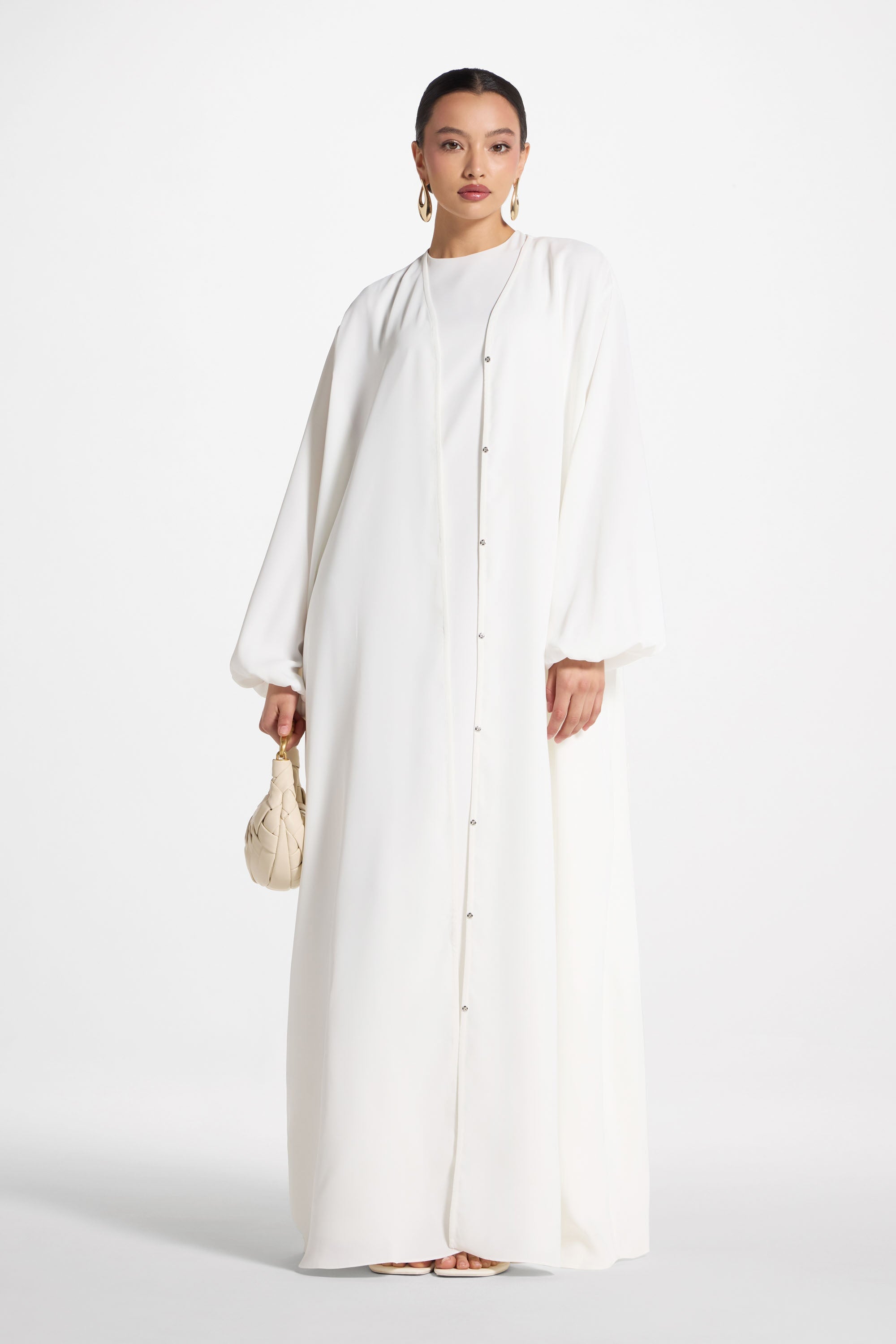 Signature Balloon Sleeve Open Abaya - White Abayas Veiled 