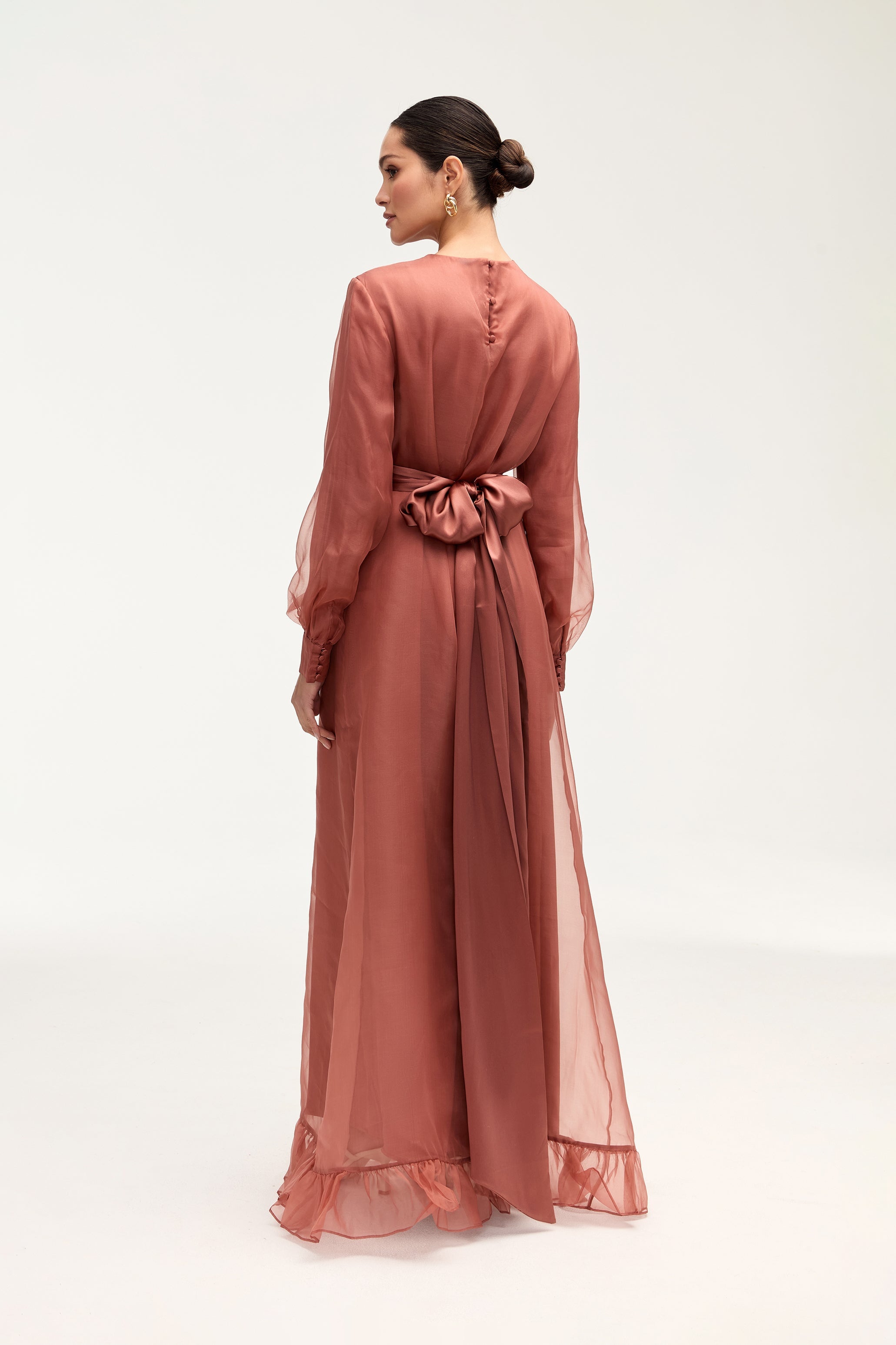 Silk Organza Ruffle Trim Maxi Dress - Cedar Wood Dresses Veiled 