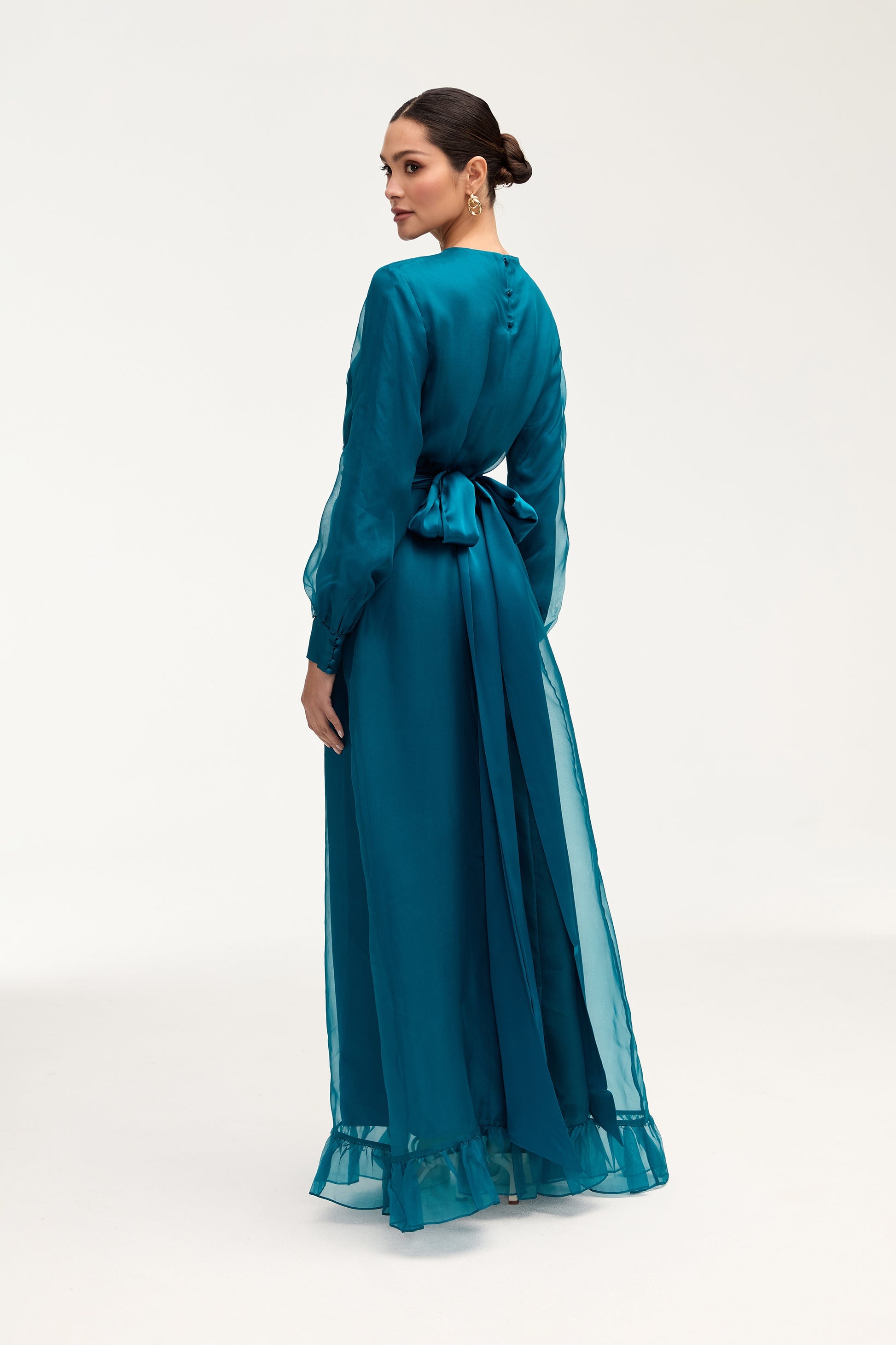 Silk Organza Ruffle Trim Maxi Dress - Deep Lagoon Dresses Veiled 