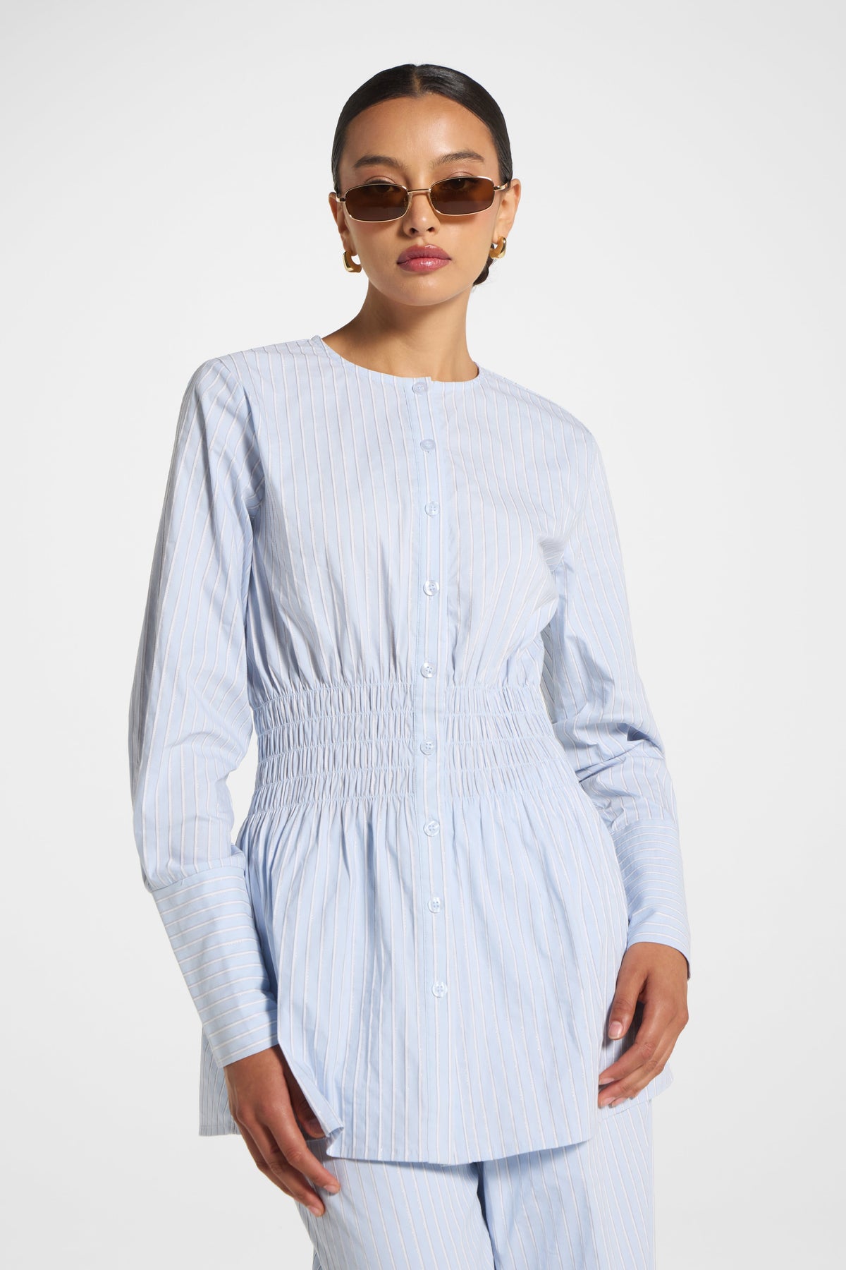 Smocked Cotton Button-Up Top - Blue Top Veiled 