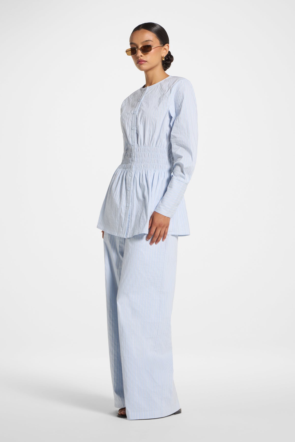 Smocked Cotton Button-Up Top - Blue Top Veiled 