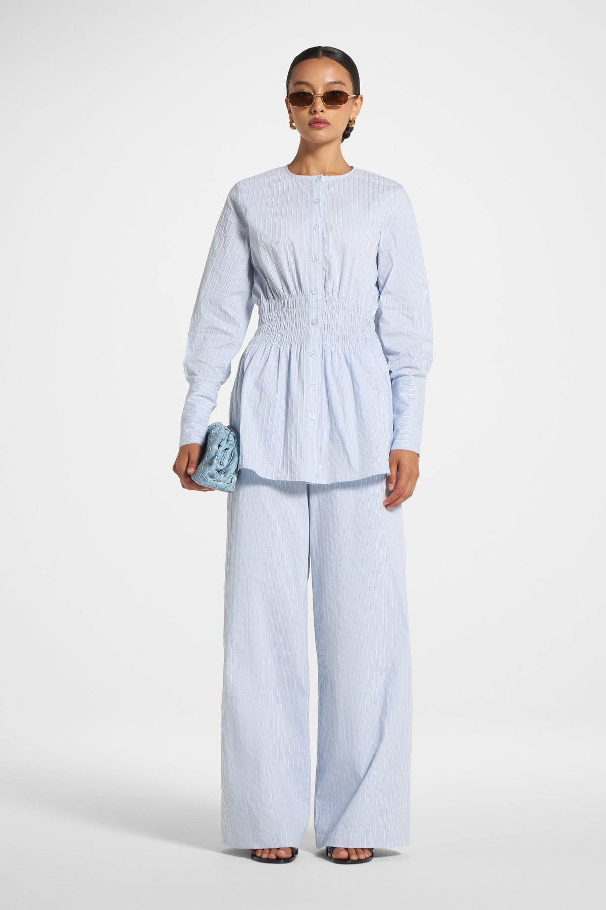 Smocked Cotton Button-Up Top - Blue Top Veiled 