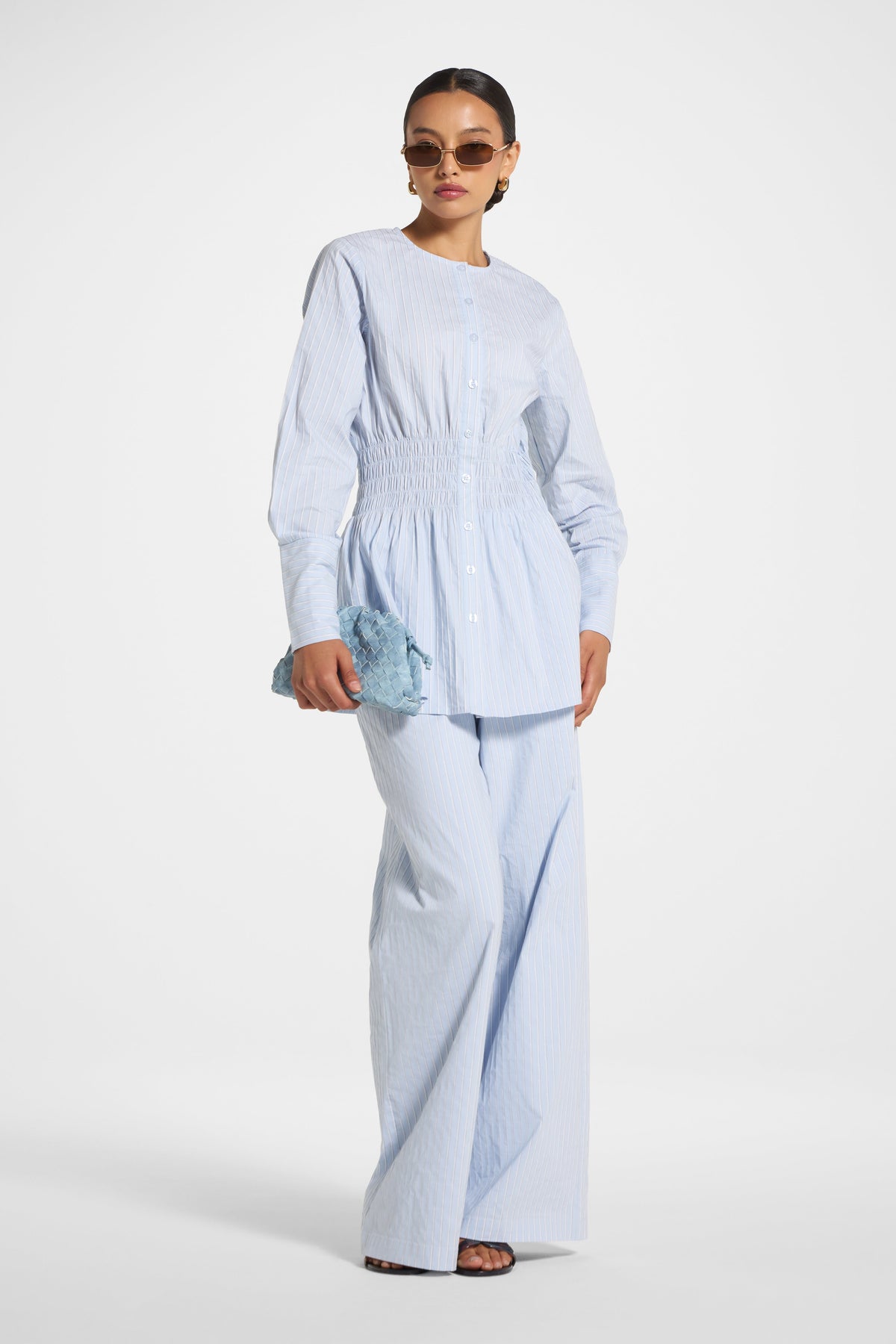 Smocked Cotton Button-Up Top - Blue Top Veiled 