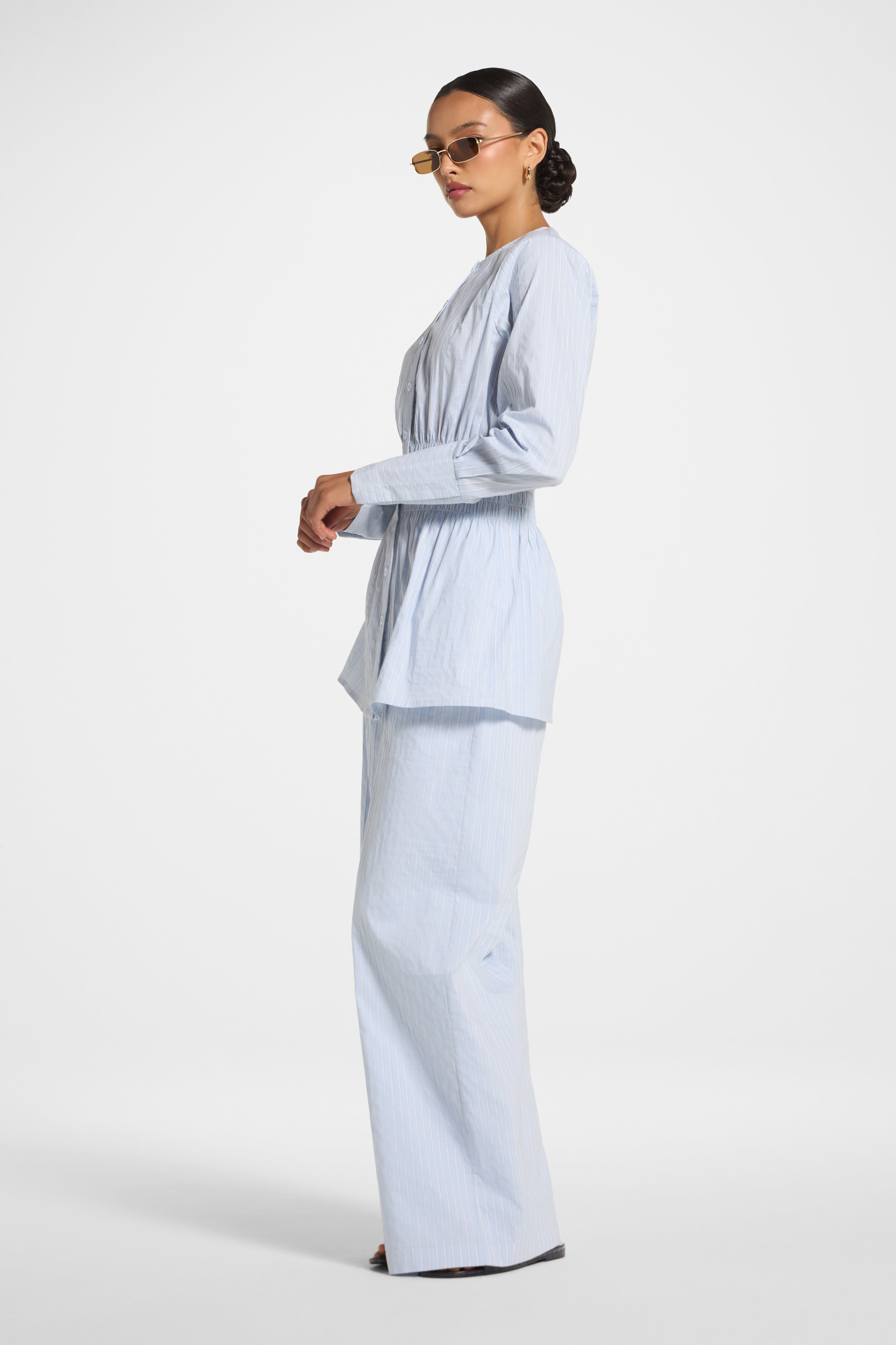 Smocked Cotton Button-Up Top - Blue Top Veiled 