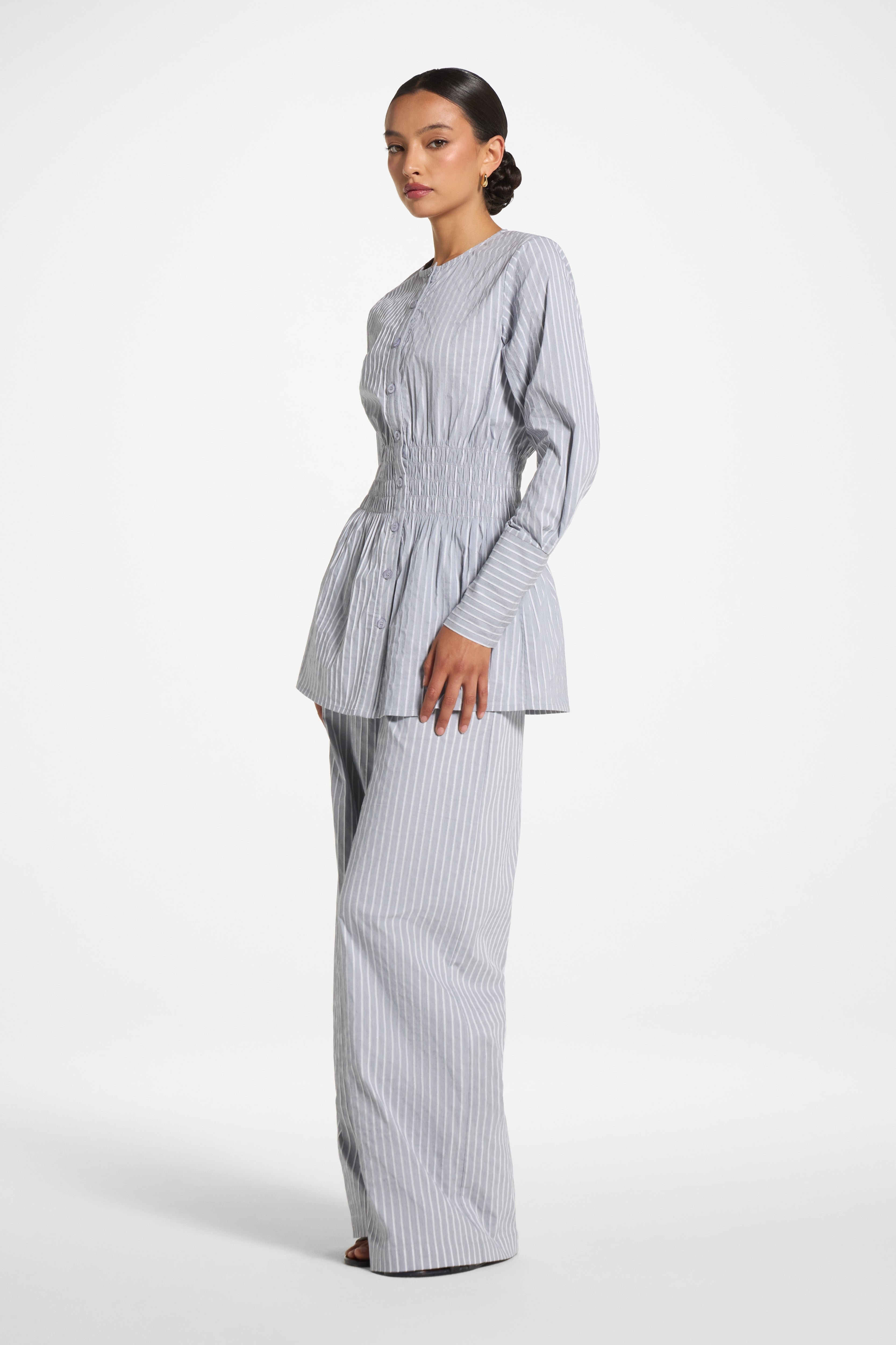 Smocked Cotton Button-Up Top - Slate Top Veiled 