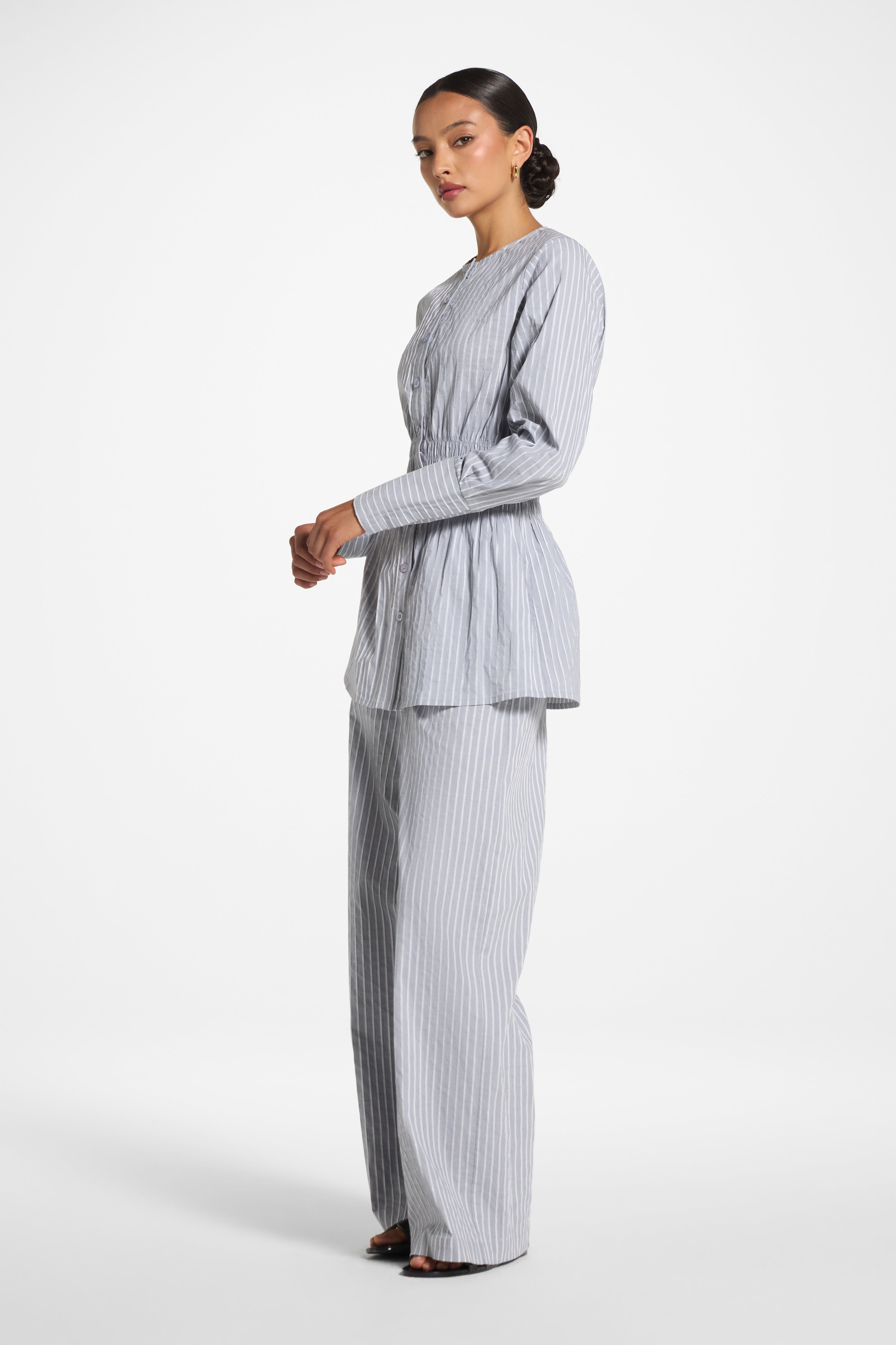 Smocked Cotton Button-Up Top - Slate Top Veiled 