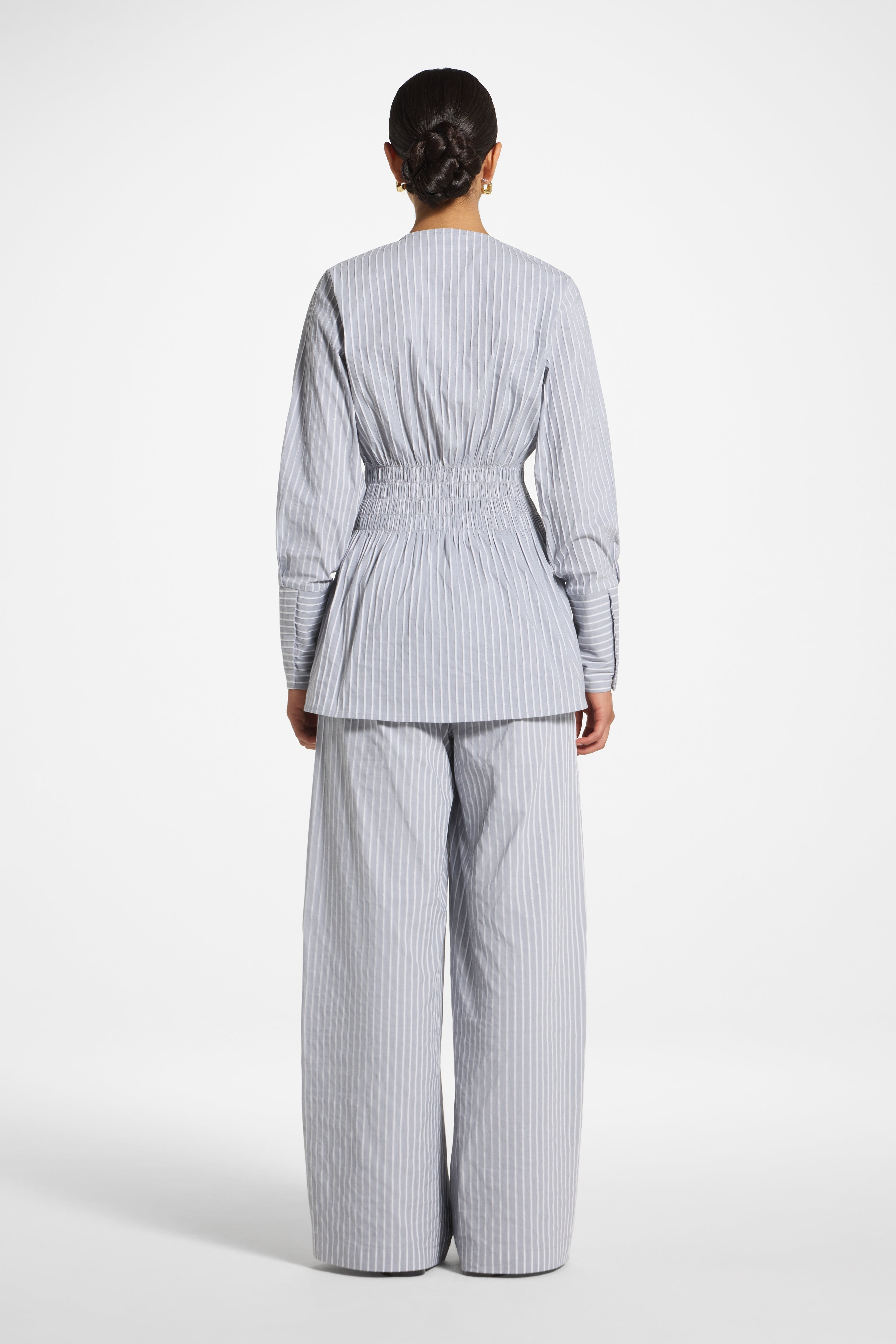 Smocked Cotton Button-Up Top - Slate Top Veiled 