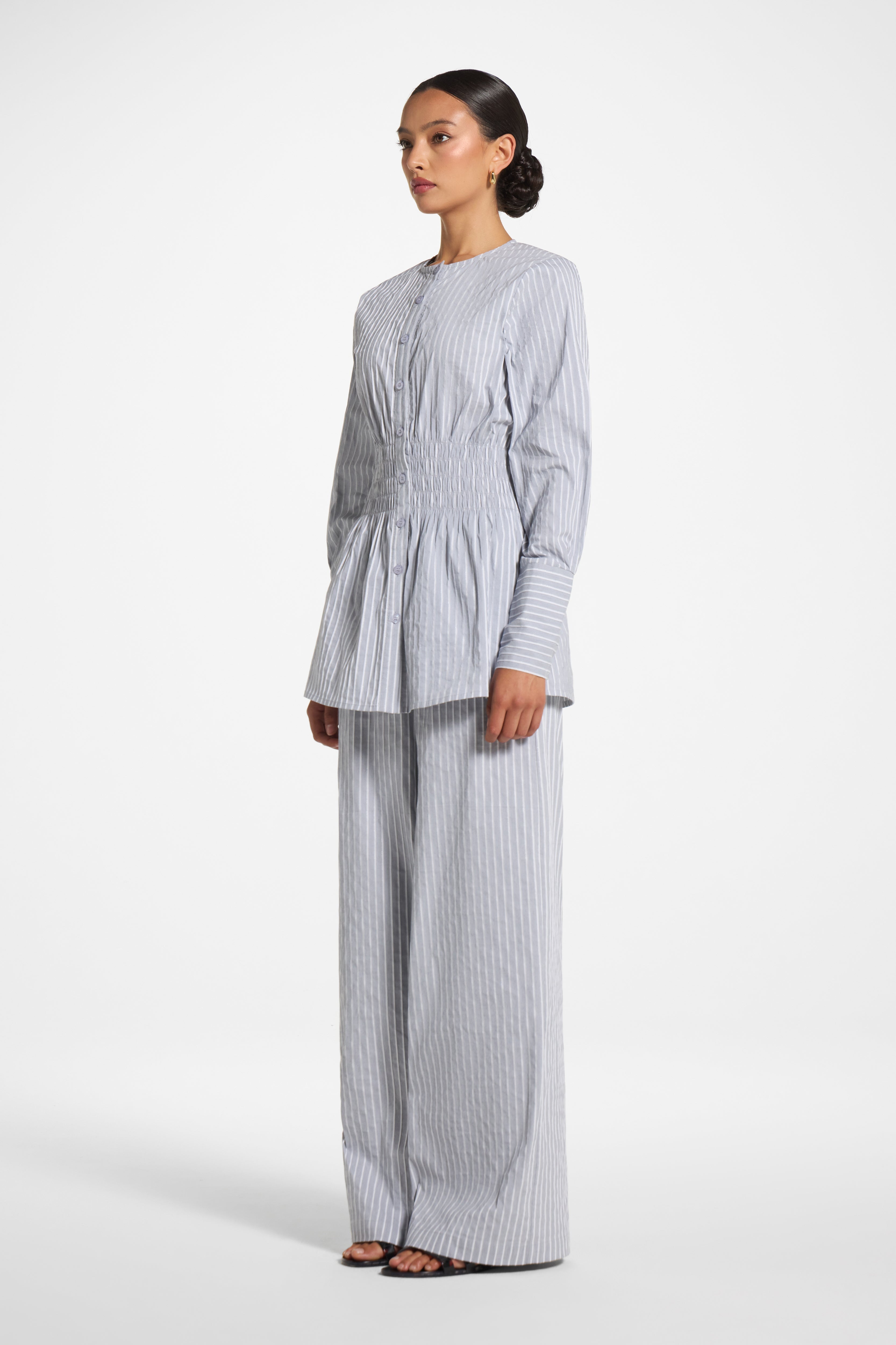 Smocked Cotton Button-Up Top - Slate Top Veiled 