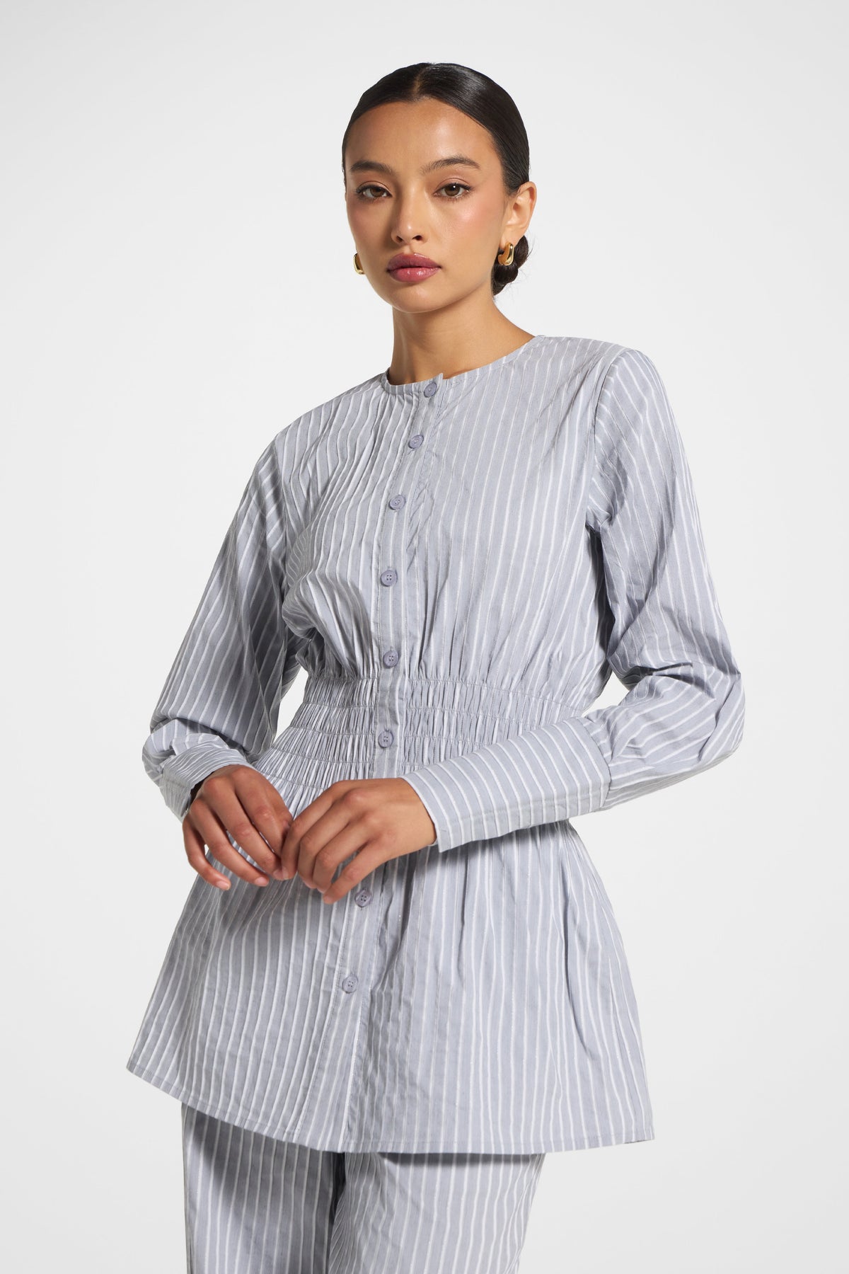 Smocked Cotton Button-Up Top - Slate Top Veiled 