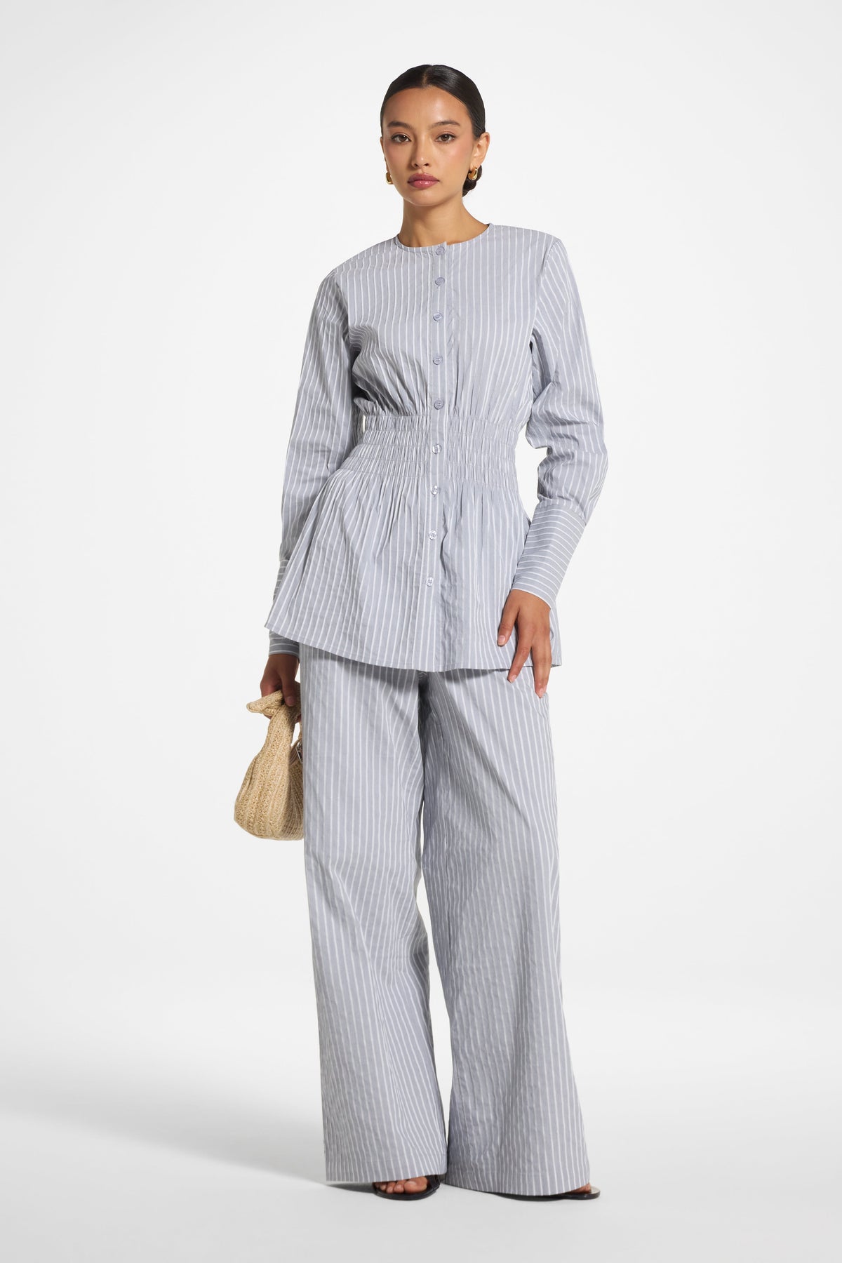 Smocked Cotton Button-Up Top - Slate Top Veiled 