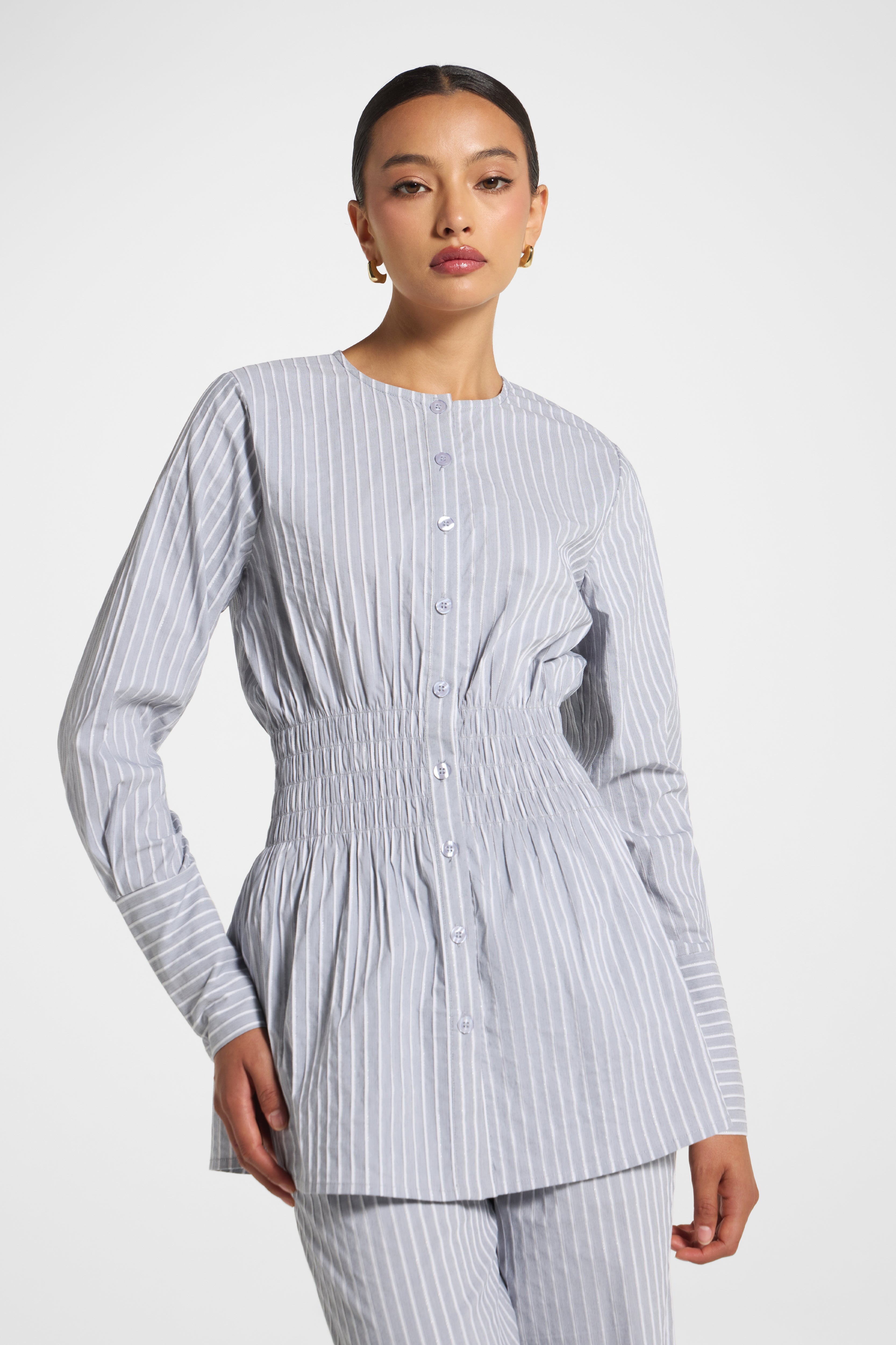 Smocked Cotton Button-Up Top - Slate Top Veiled 