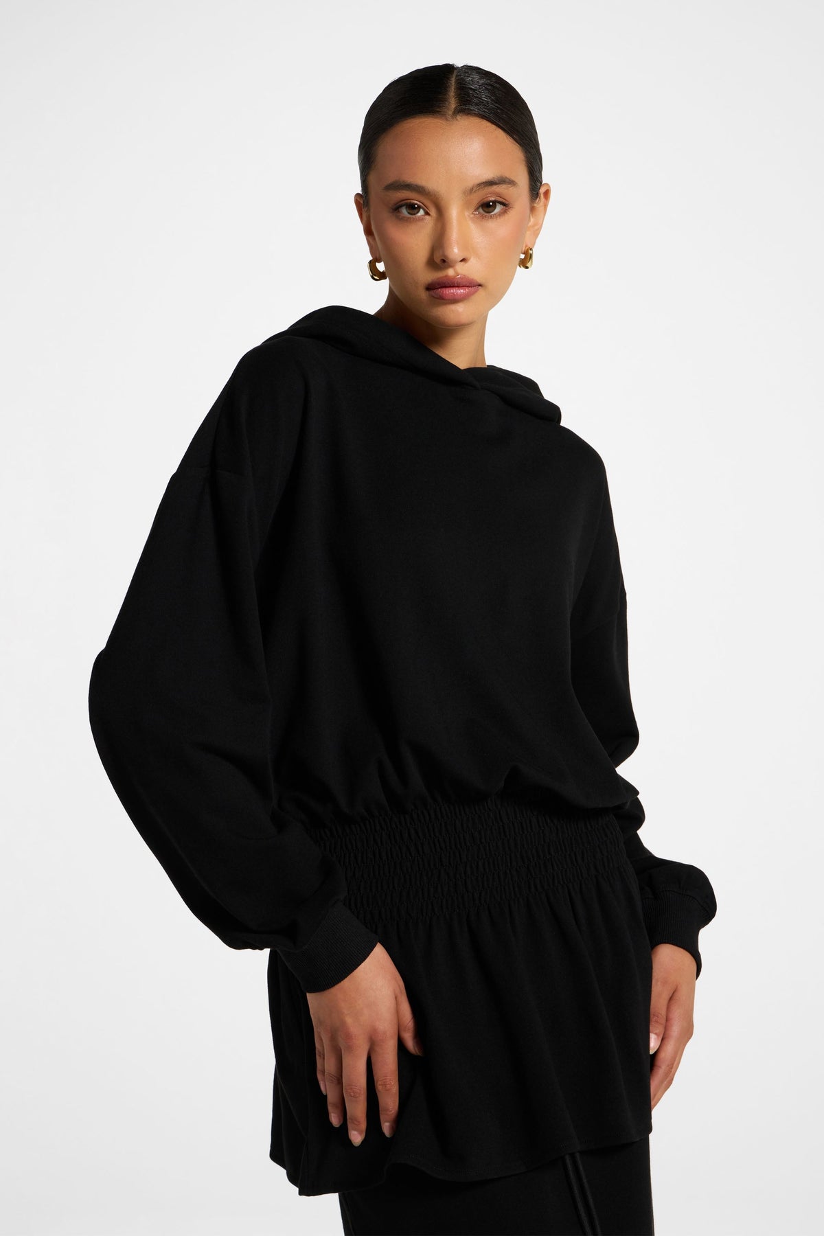 Smocked Cotton Hoodie - Black Top Veiled 