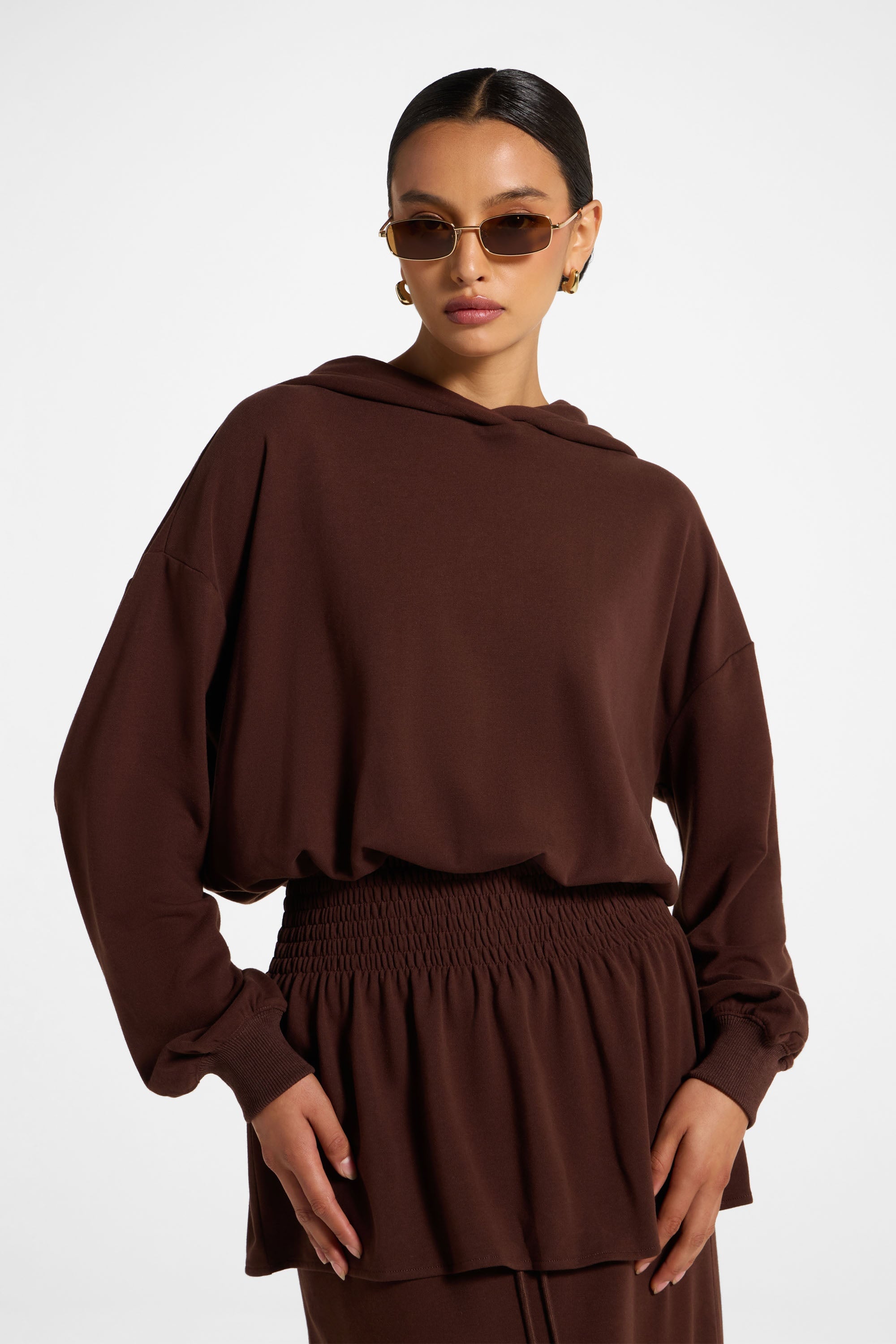 Smocked Cotton Hoodie - Chocolate Top Veiled 