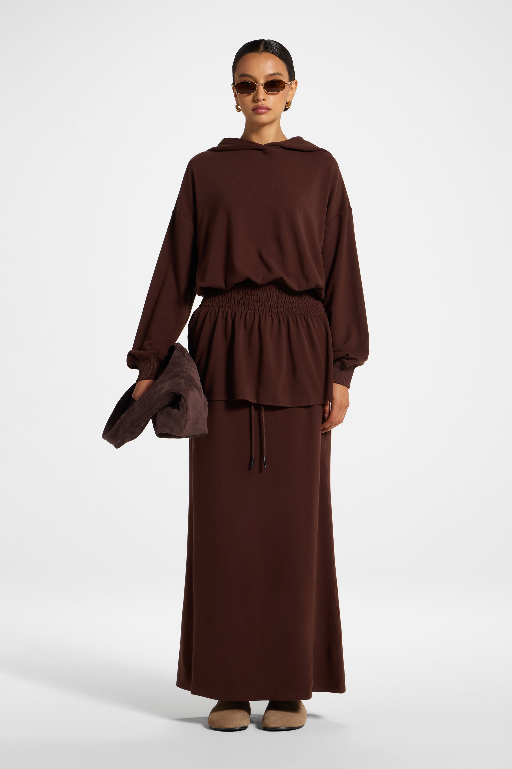 Smocked Cotton Hoodie - Chocolate Top Veiled 