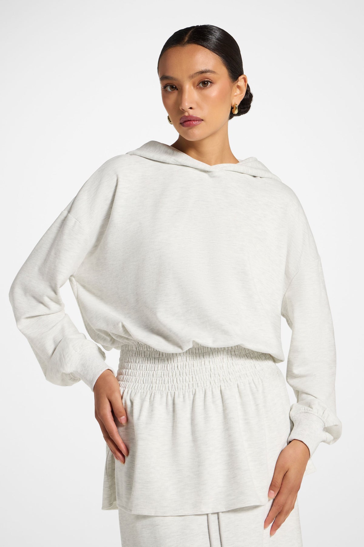 Smocked Cotton Hoodie - Light Heather Top Veiled 