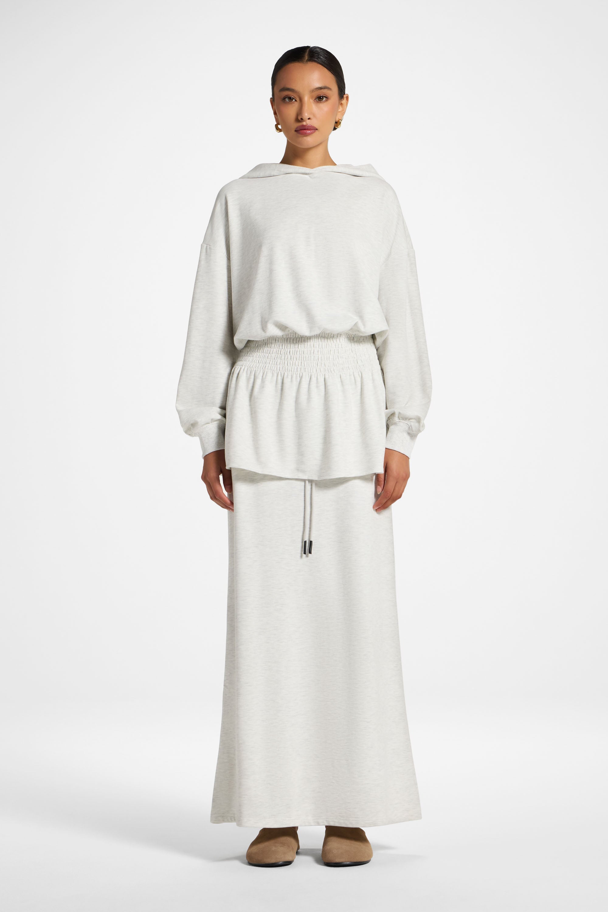 Smocked Cotton Hoodie - Light Heather Top Veiled 