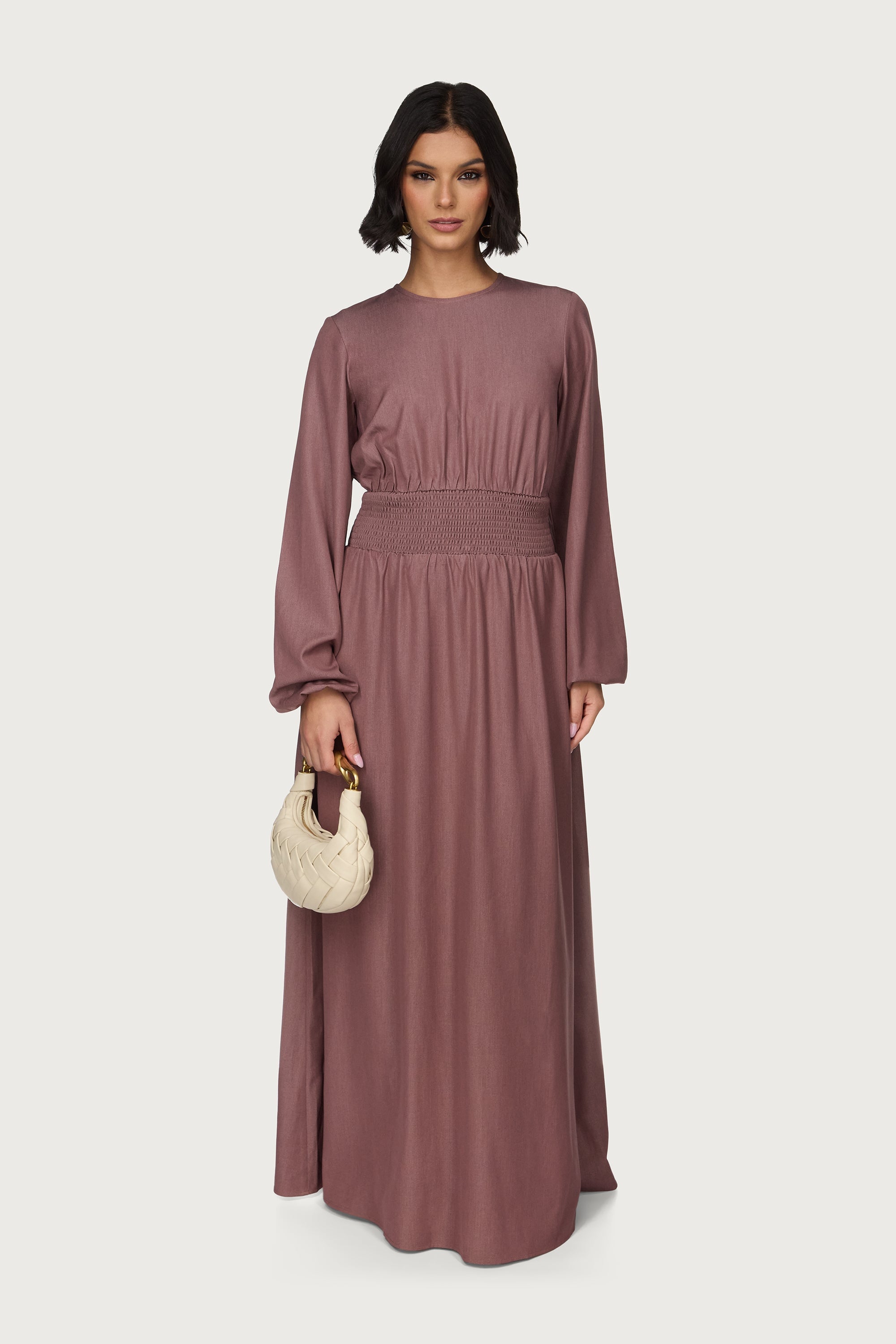 Smocked Waist Dress - Berry Abayas Veiled 