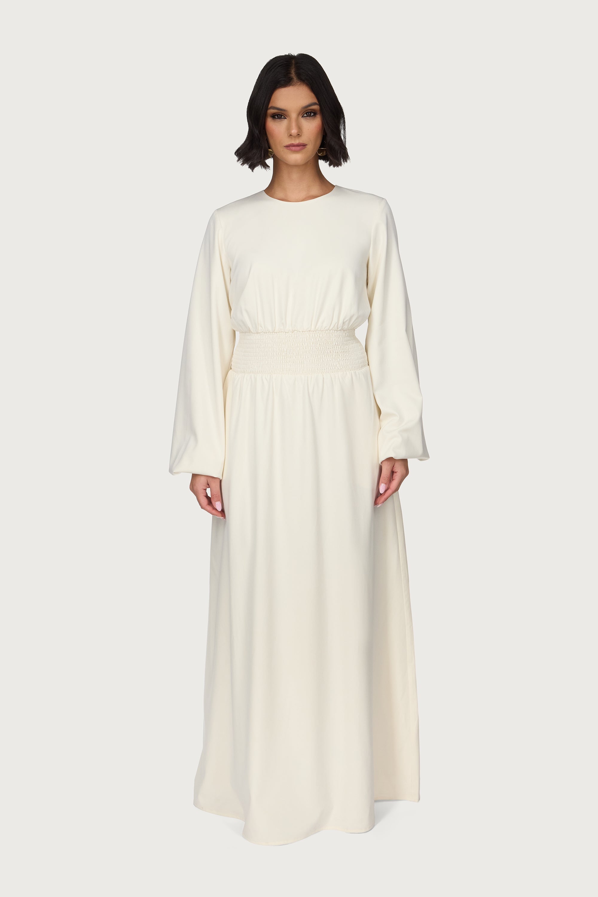 Smocked Waist Dress - Bone Abayas Veiled 