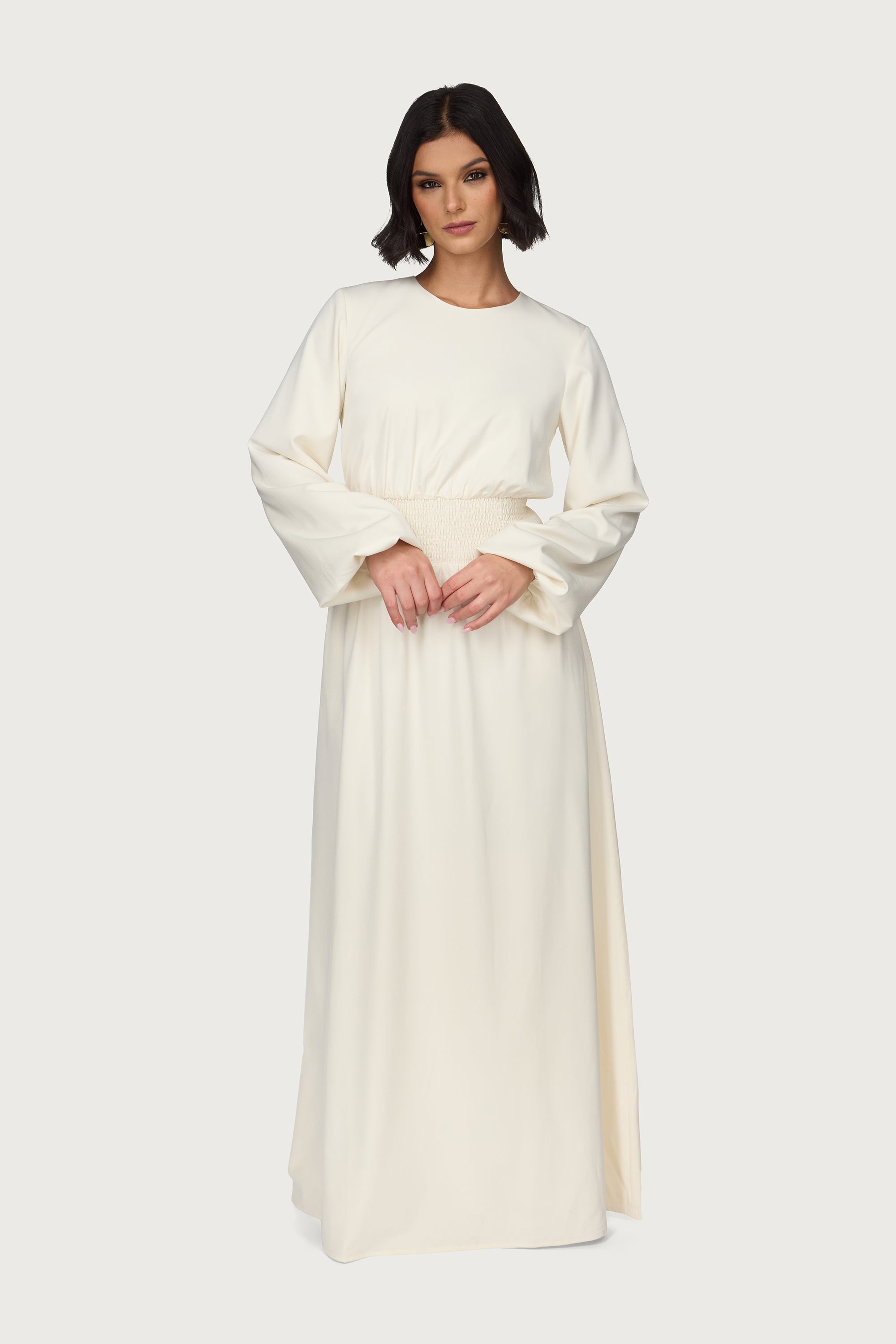 Smocked Waist Dress - Bone Abayas Veiled 