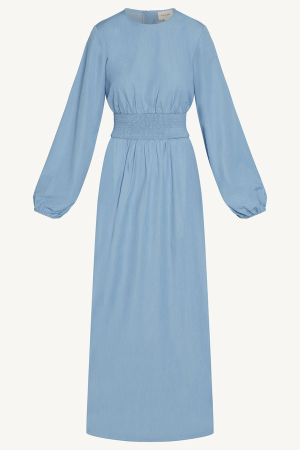 Smocked Waist Dress - Light Denim Abayas Veiled 