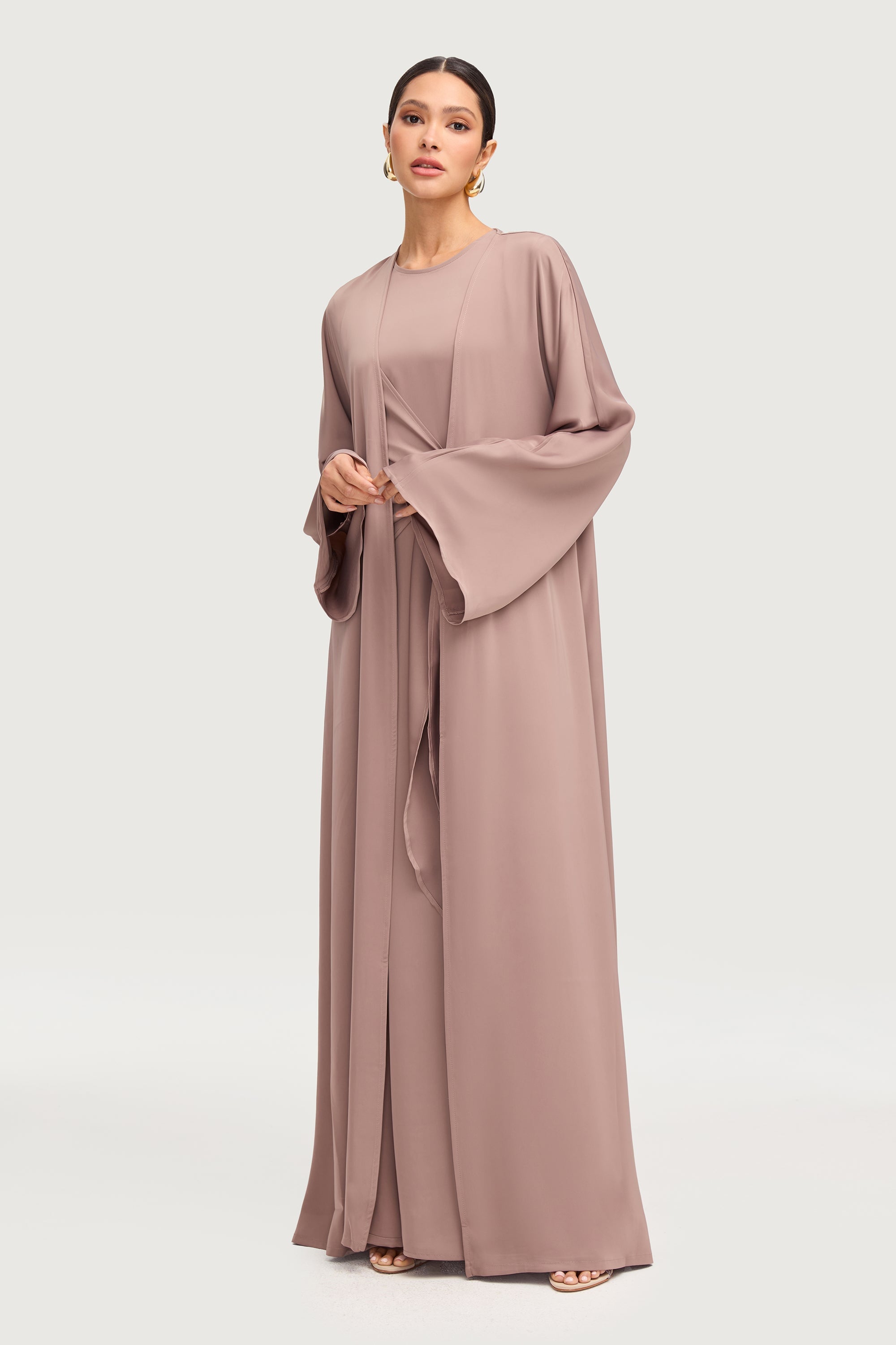 Sofia Satin Open Abaya - Truffle Abayas Veiled 