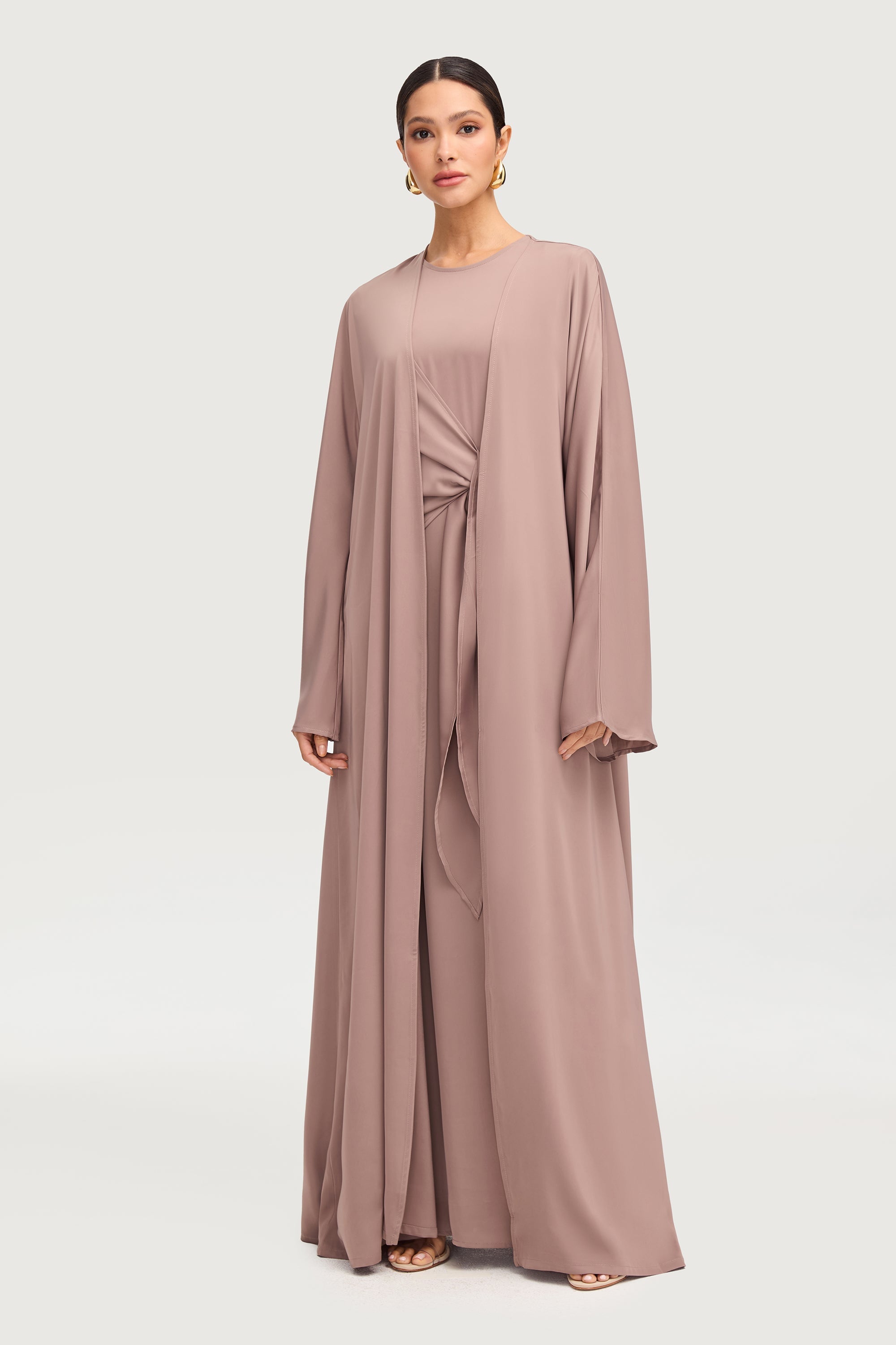 Sofia Satin Open Abaya - Truffle Abayas Veiled 