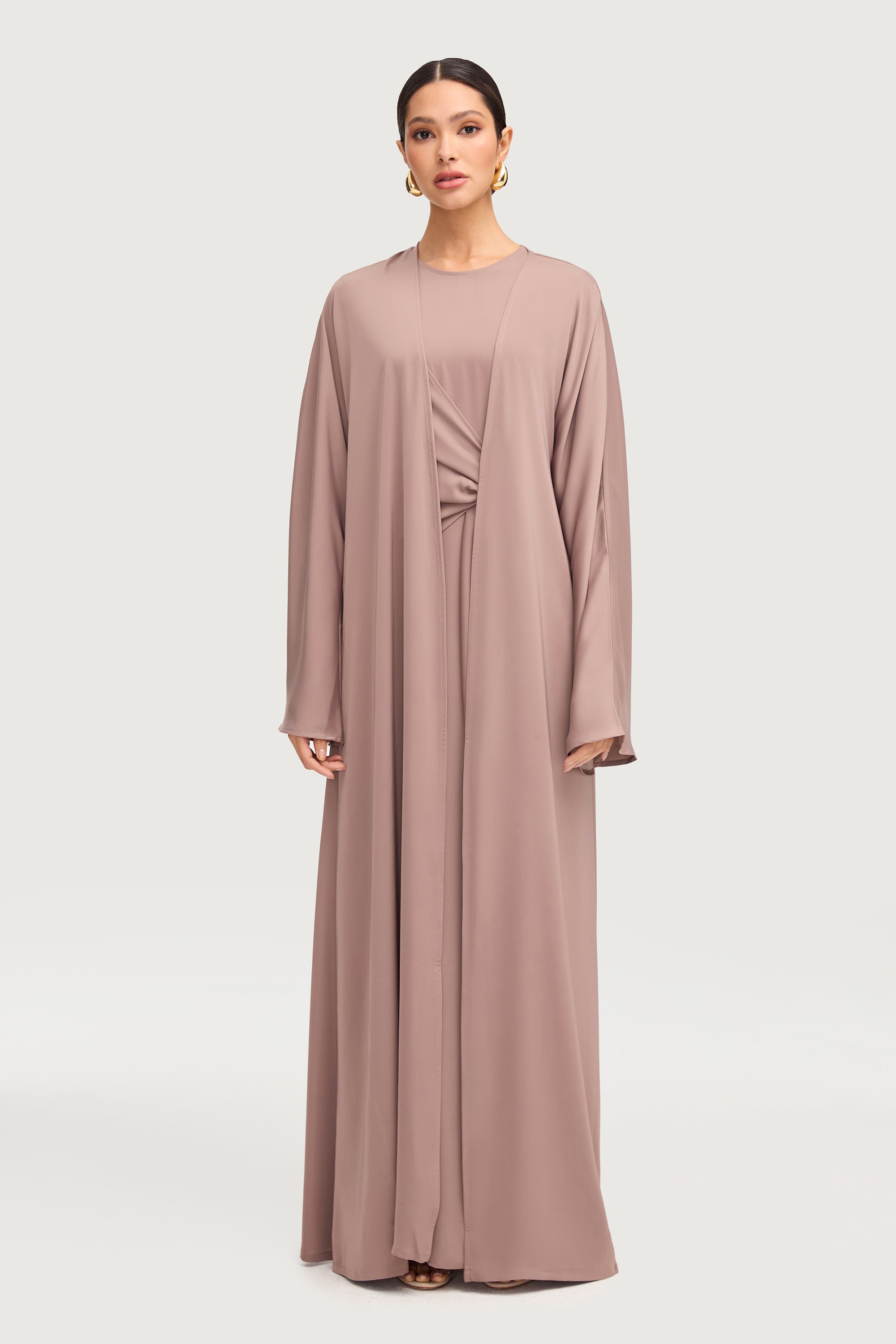 Sofia Satin Open Abaya - Truffle Abayas Veiled 