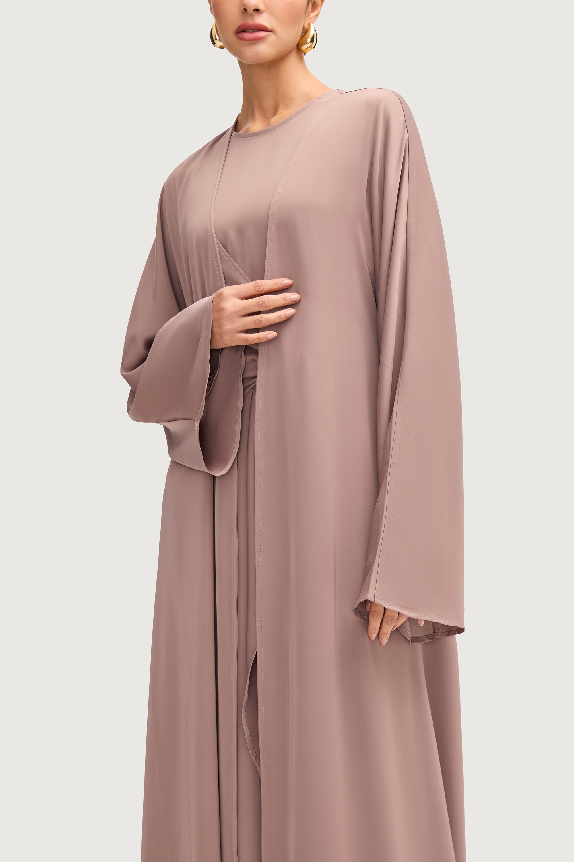 Sofia Satin Open Abaya - Truffle Abayas Veiled 