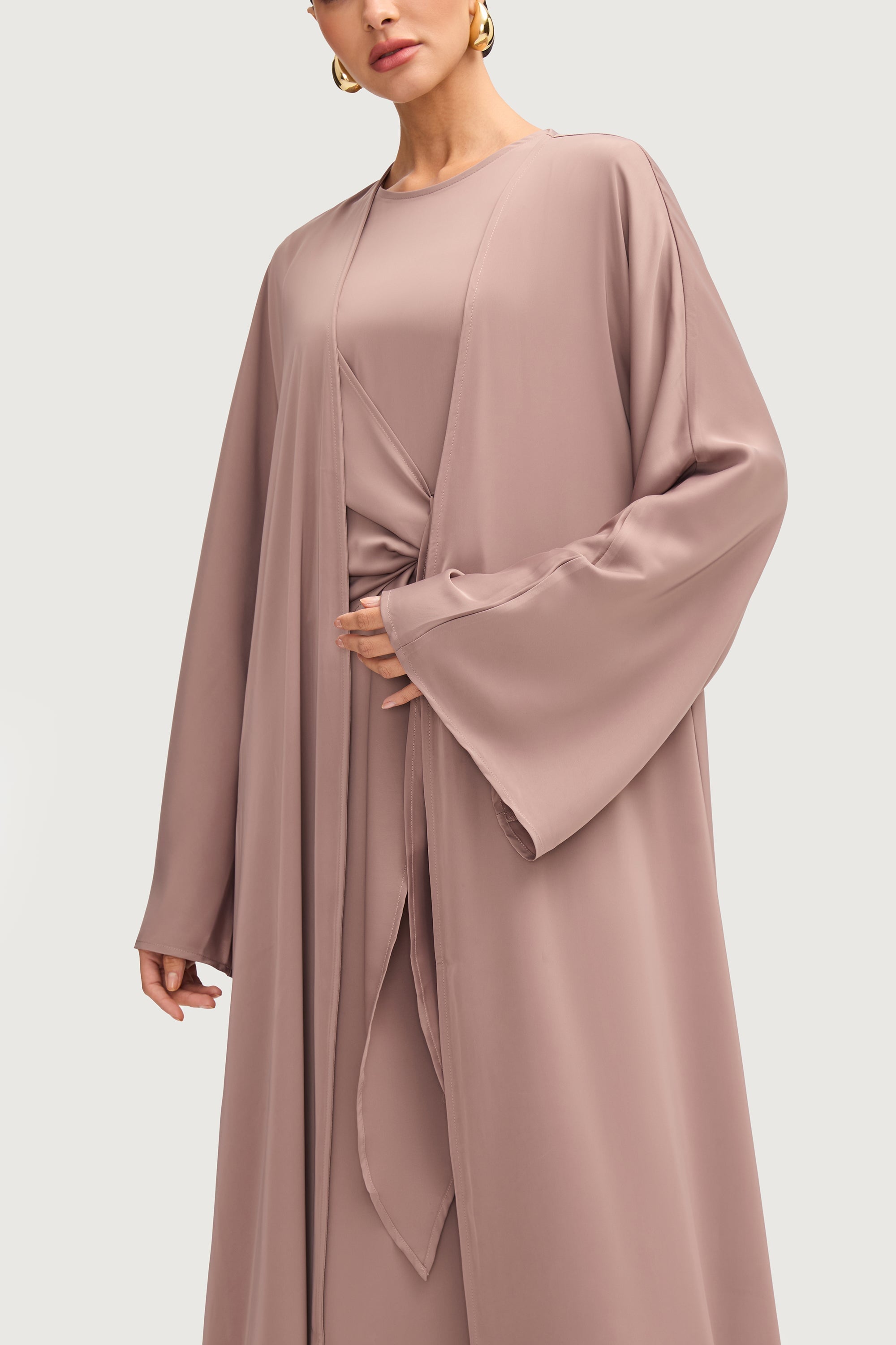 Sofia Satin Open Abaya - Truffle Abayas Veiled 